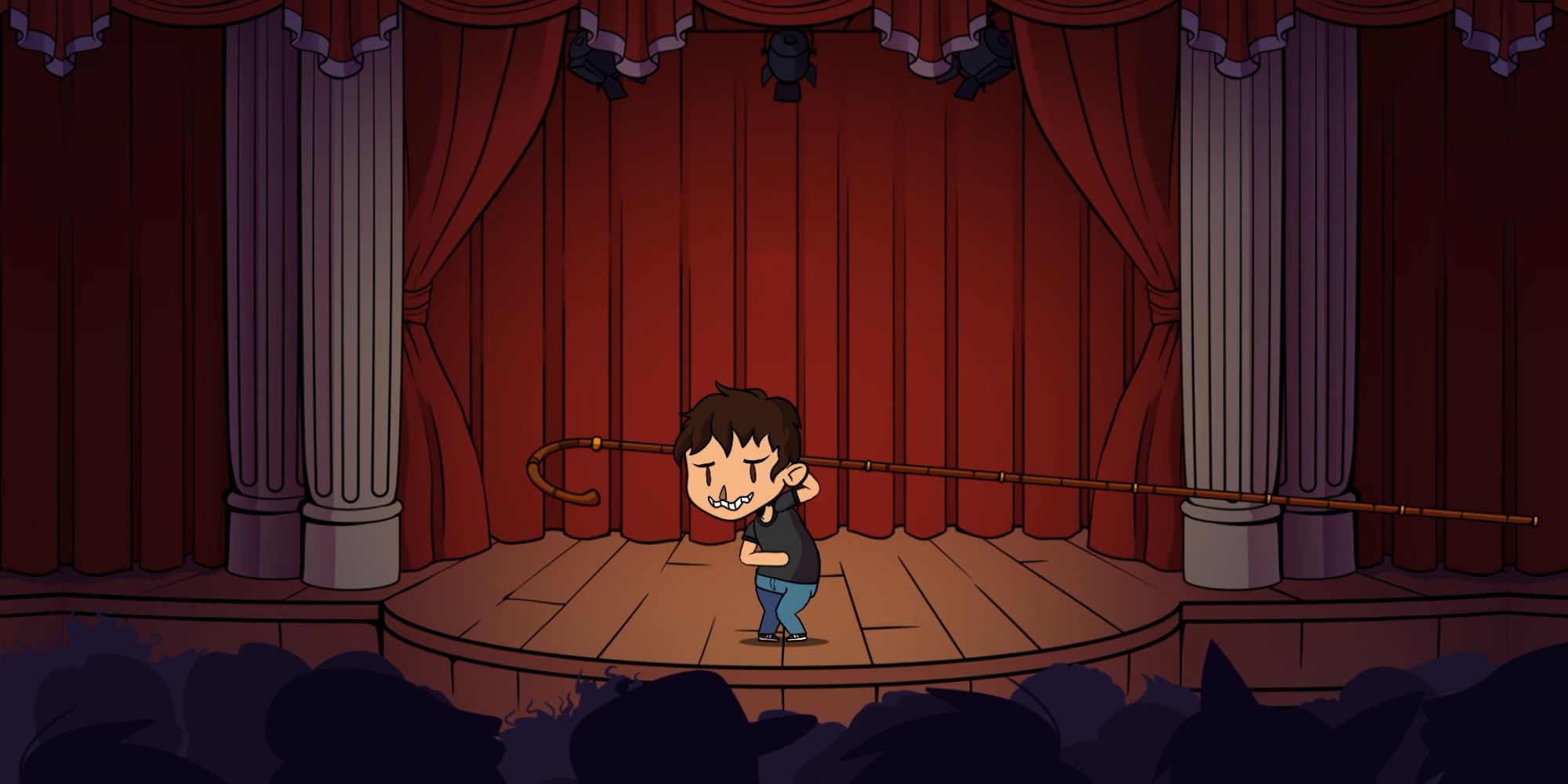 A character about to be hooked off a stage.
