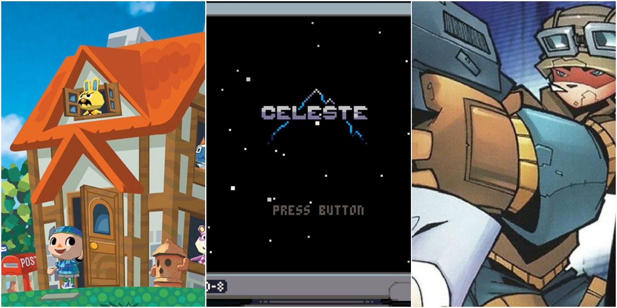 A house with multiple residents from Animal Crossing, Celeste Classic within Celeste, and the Timesplitters 2 promo art, left to right