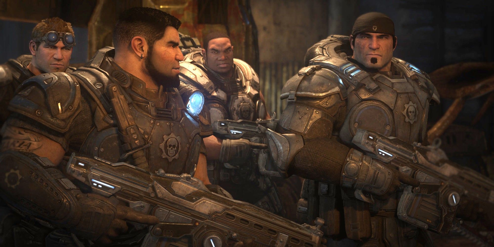 Gears Of War view of Marcus, Dom, Cole, and Baird.