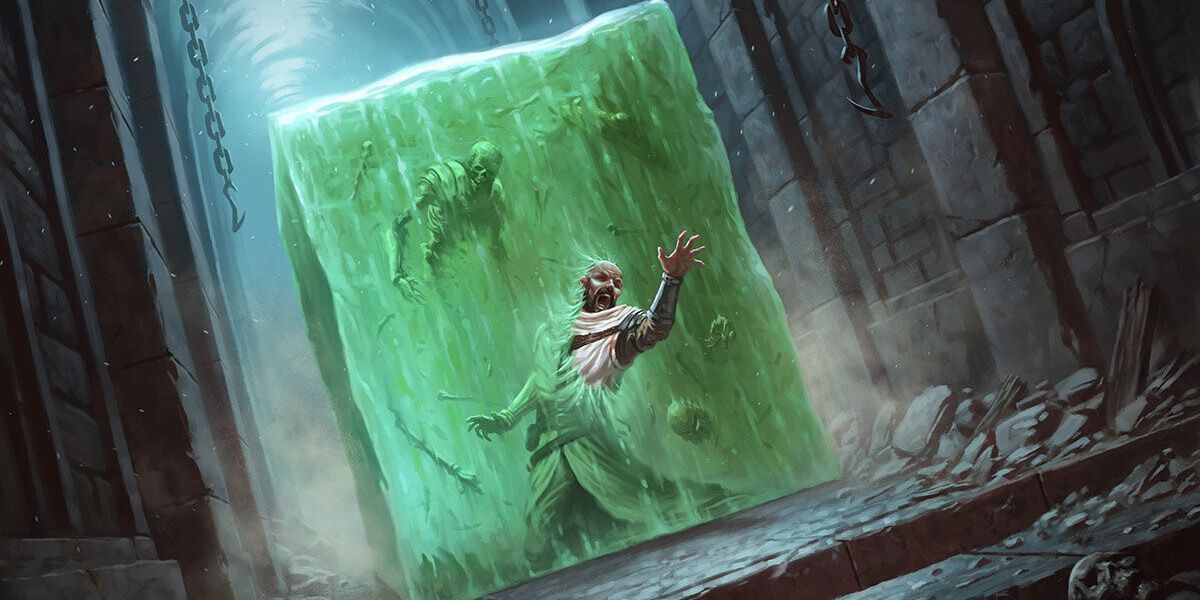 Gelatinous cube acid devours man skeletons in dungeon