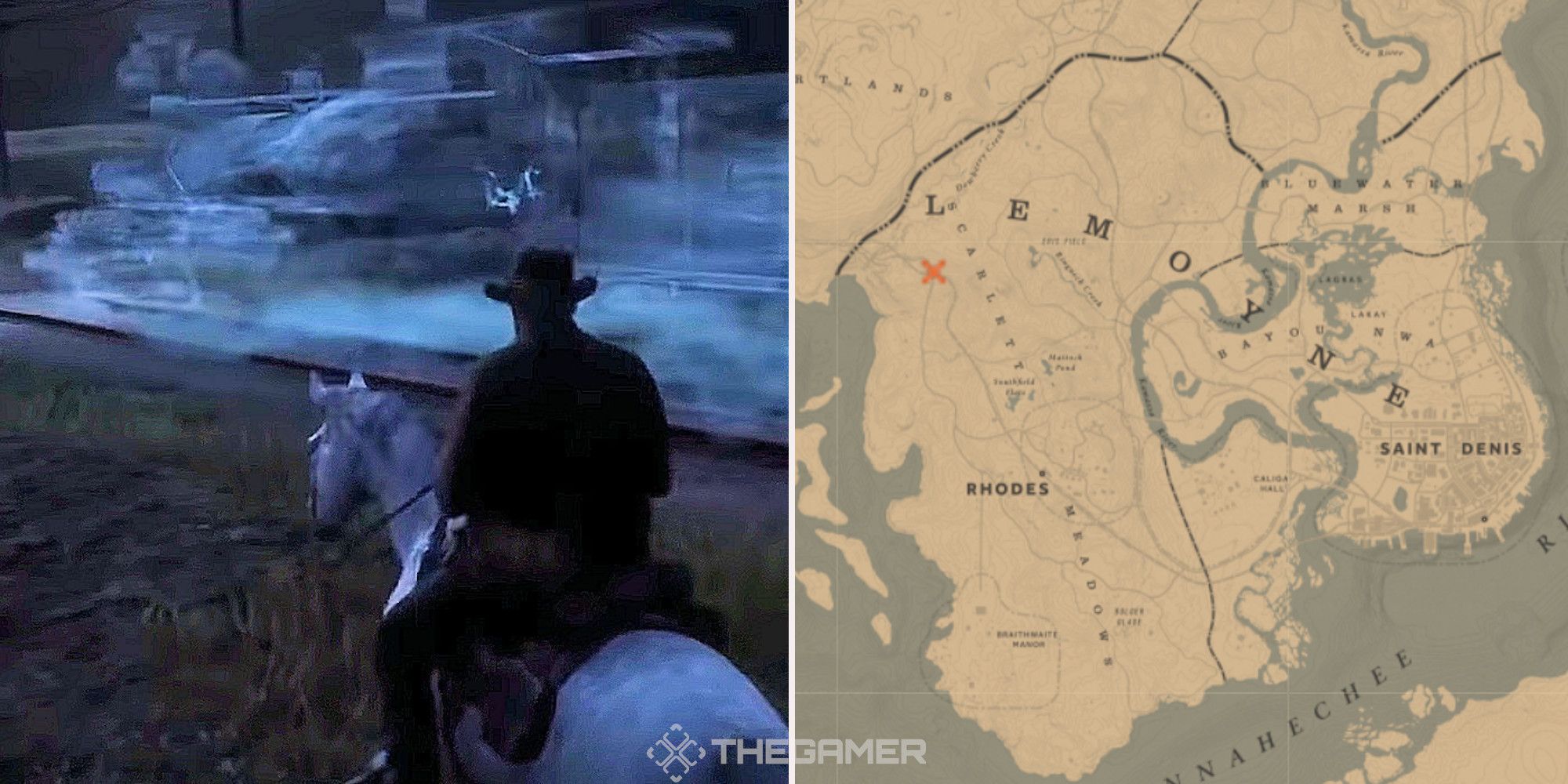 The ghost train in Red Dead Redemption 2, next to an image of where it can be found on the map.