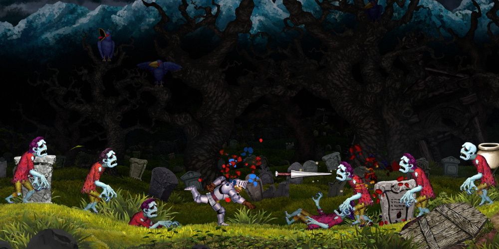 Arthur throwing a spear at the undead in Ghosts 'N Goblins.