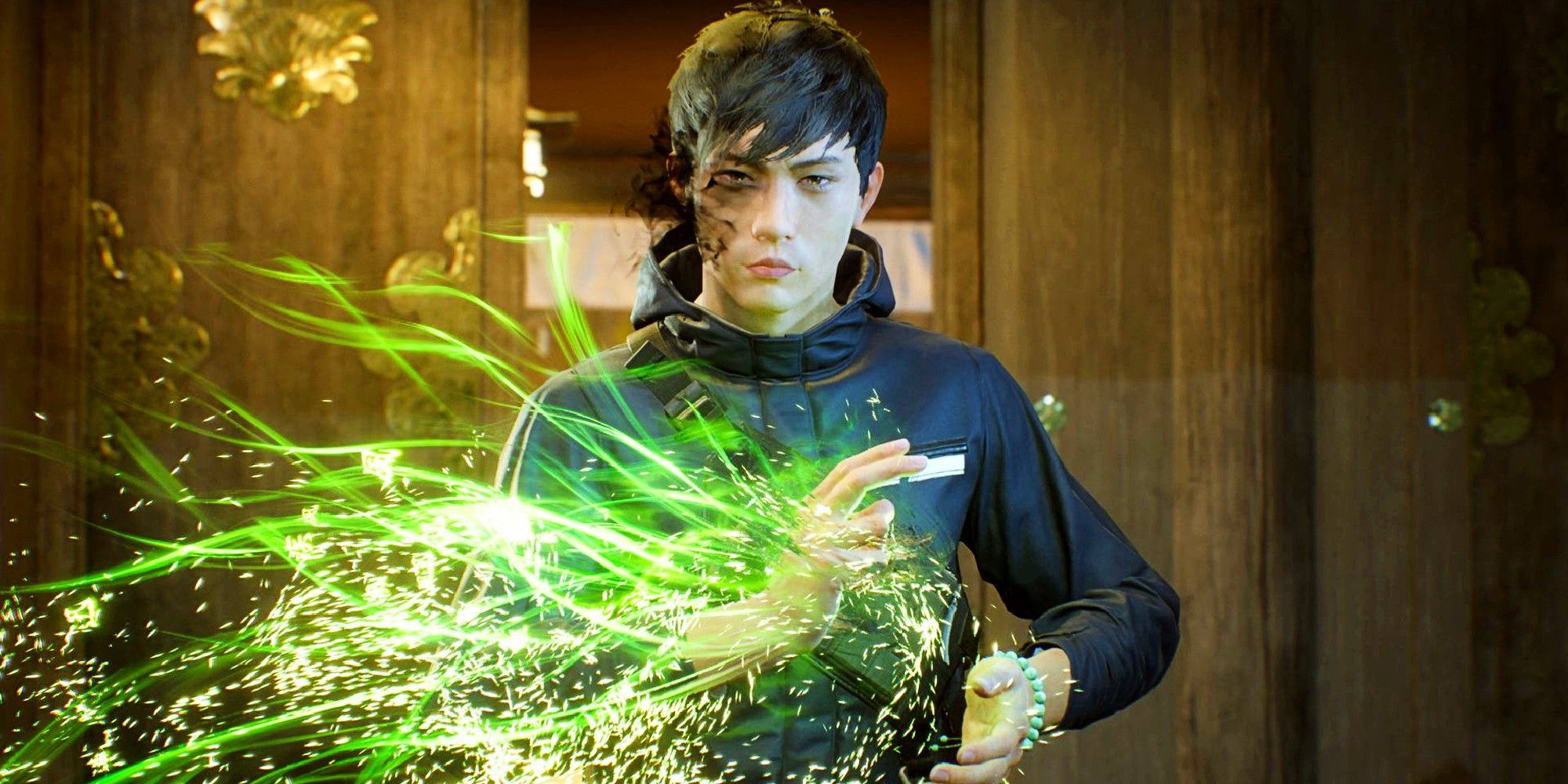 Akito is showing off his wind-affinity powers as he stands in front of a wooden background.