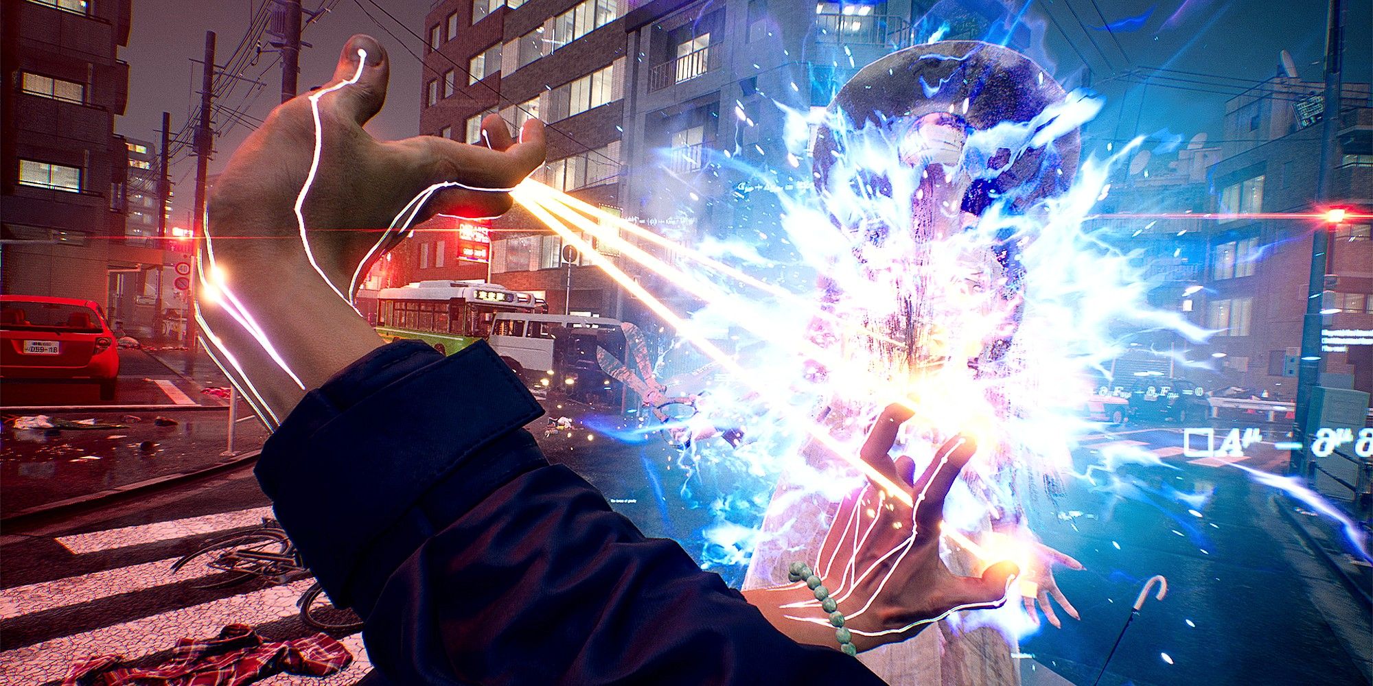 Ghostwire Tokyo First Person Combat Screenshot, glowing strings are pulled tight between both hands to combat a glowing ghost.