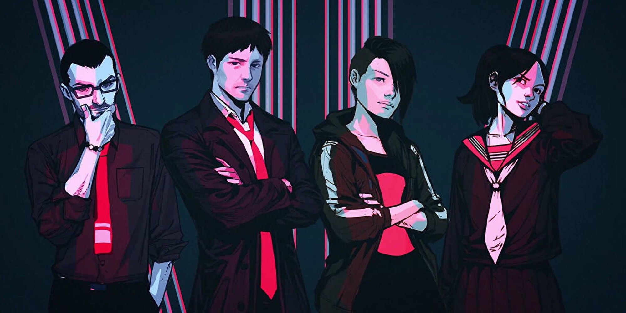 A red and blue picture of the four main characters of Ghostwire: Tokyo - Prelude