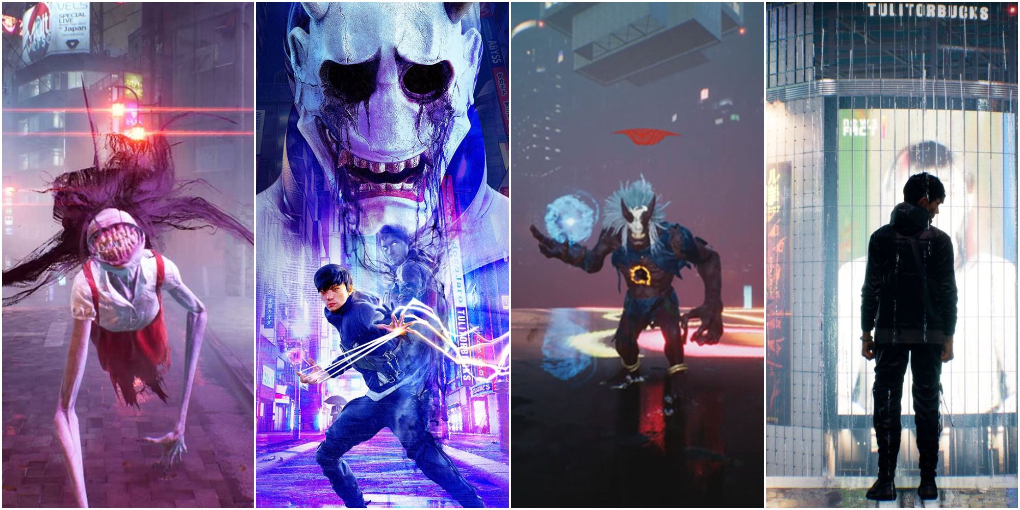 Ghostwire Tokyo Title Collage smiling demon, hannya mask with protagonist, demon with attack in hand, silhouette of man against bright billboard background 