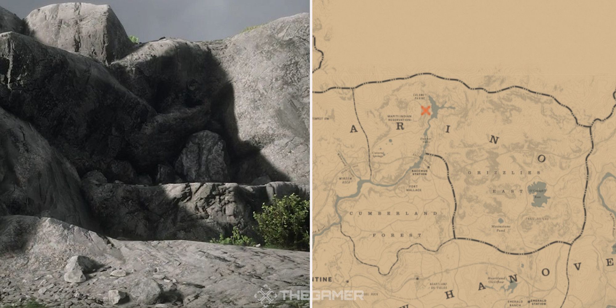 A rock cave in Red Dead Redemption 2, next to an image of where it can be found marked on the map.