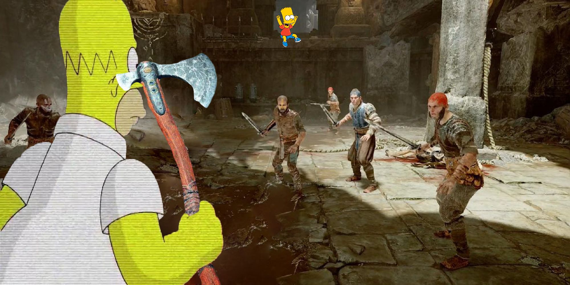 Homer holding the Leviathan Axe in front of Bart and some bandits.
