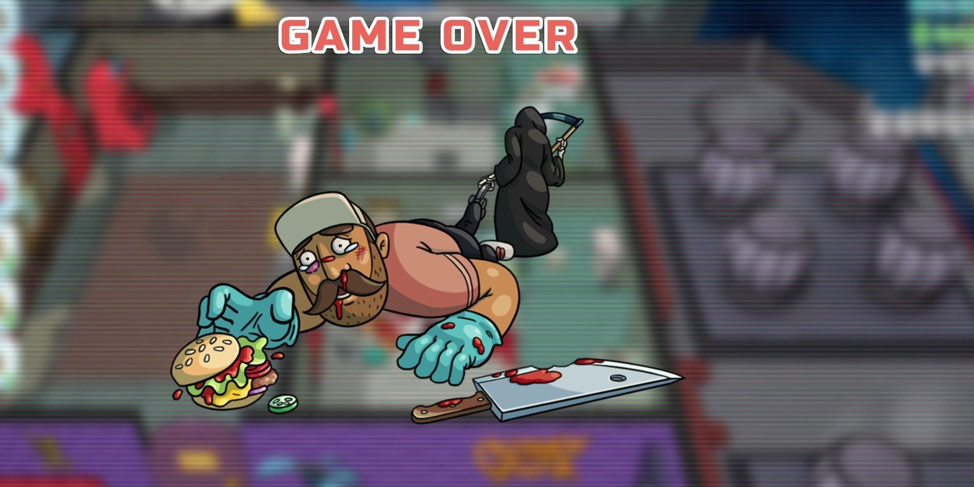 Godlike Burger: The Grim Reaper Pulling Away The Chef In The Game Over Screen