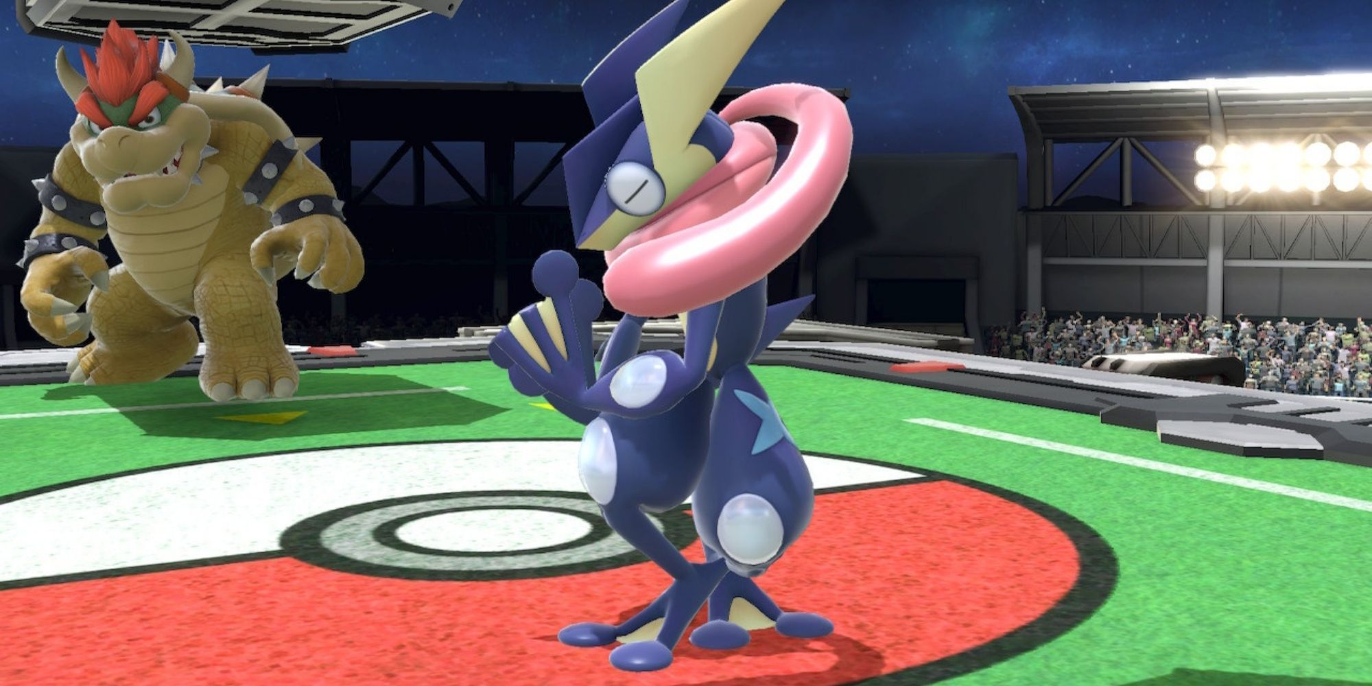 Greninja calms itself on the Pokemon Stadium stage while Bowser stares at it