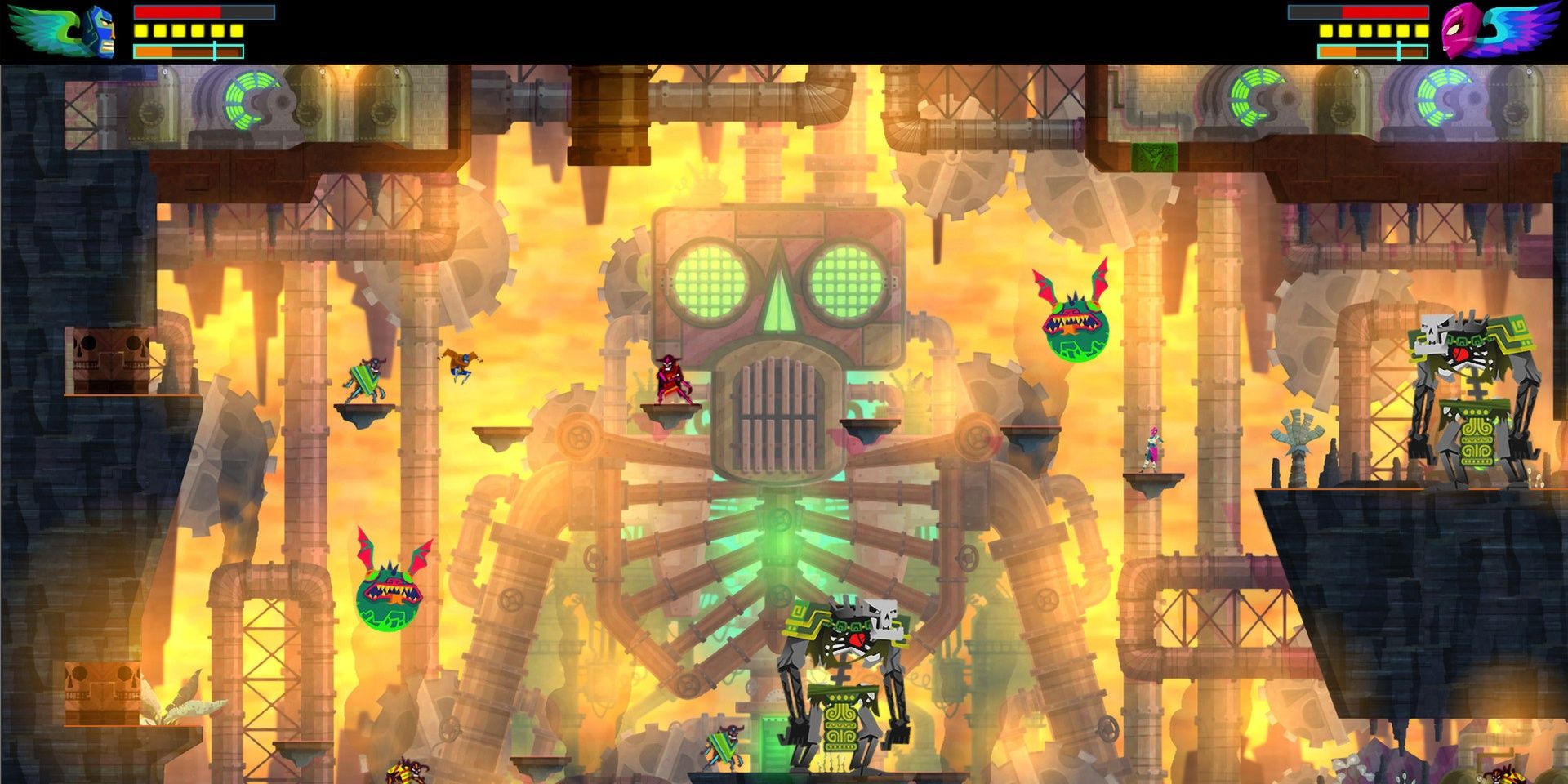 Juan and other characters standing in front of a massive robot in Guacamelee!