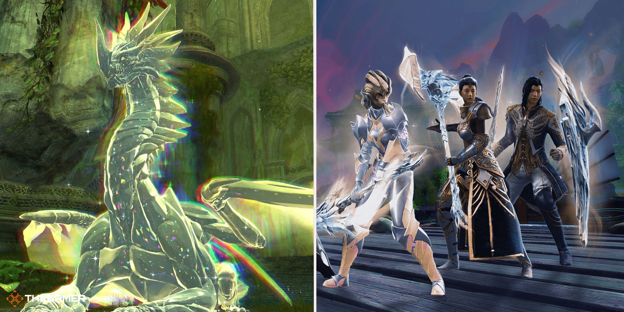Guild Wars 2 - aurene on left, players holding legendary weapons on right