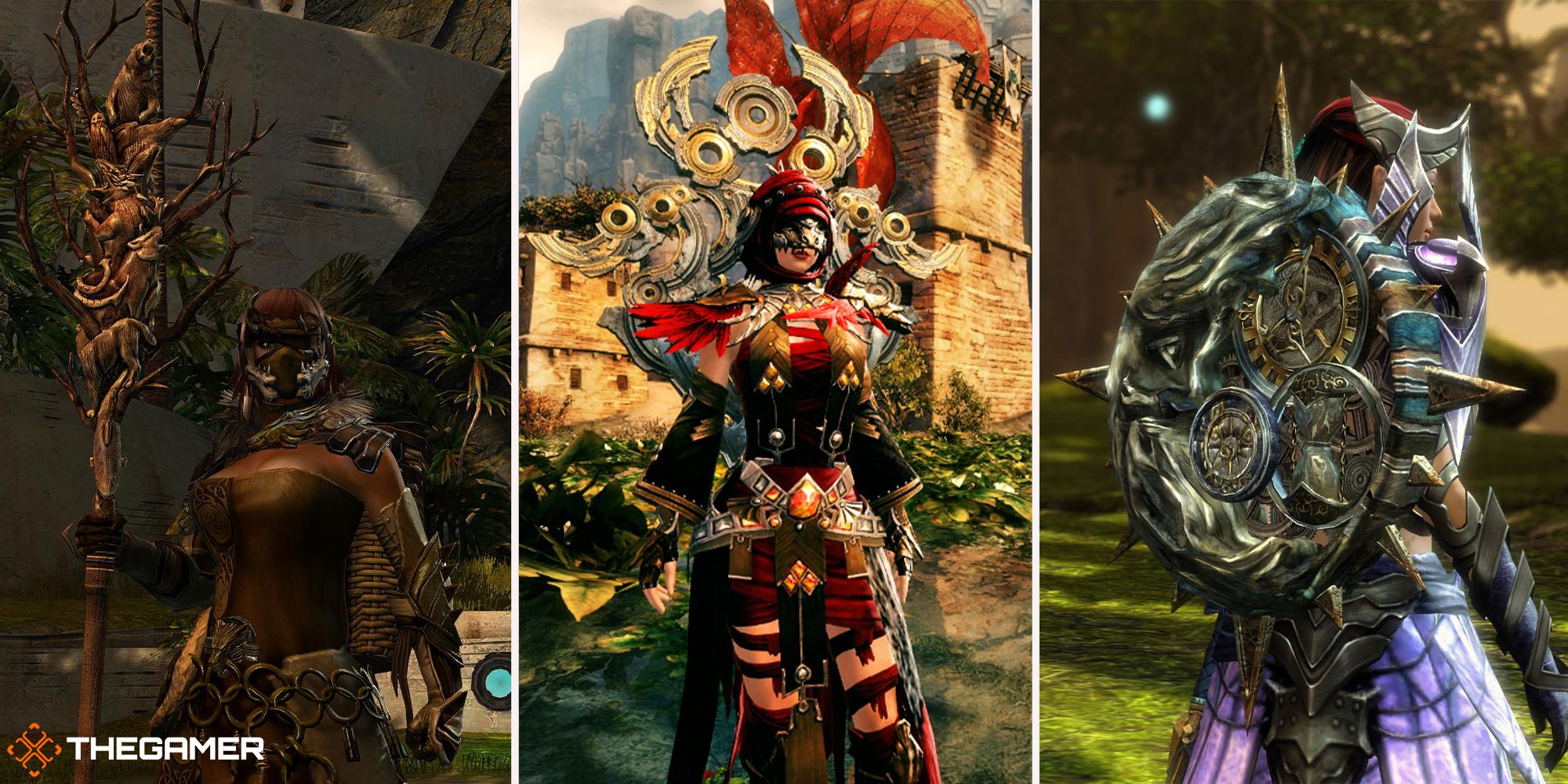 Guild Wars 2 - players with ascended equipment (relic of abbadon in centre, horologicus on right, Yggdrasil on left)