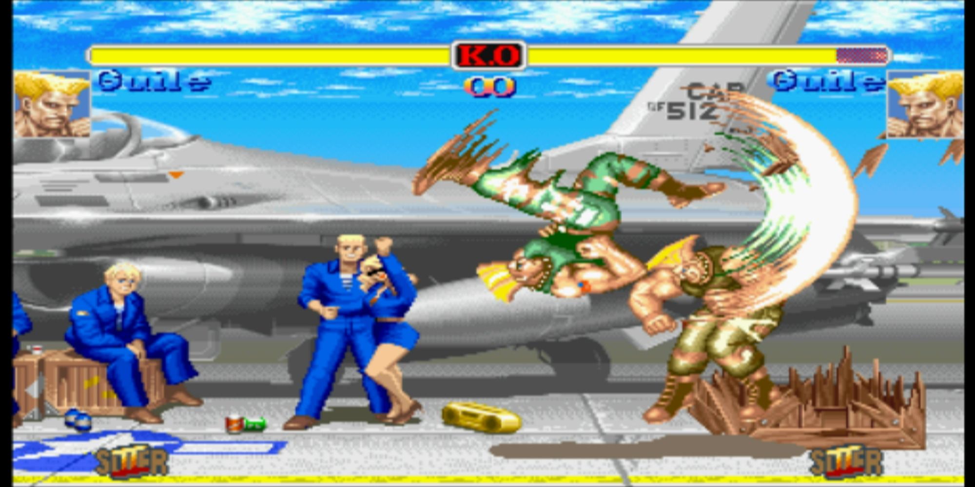 Super SF2 Guile hits Guile with a Flash Kick on a US Air Force Base in Hyper Street Fighter 2.