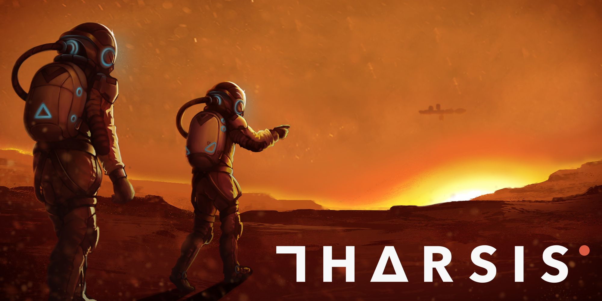 A piece of promotional art for the game Tharsis featuring two astronauts walking on Mars pointing at a distant ship with the game's logo in the bottom right corner