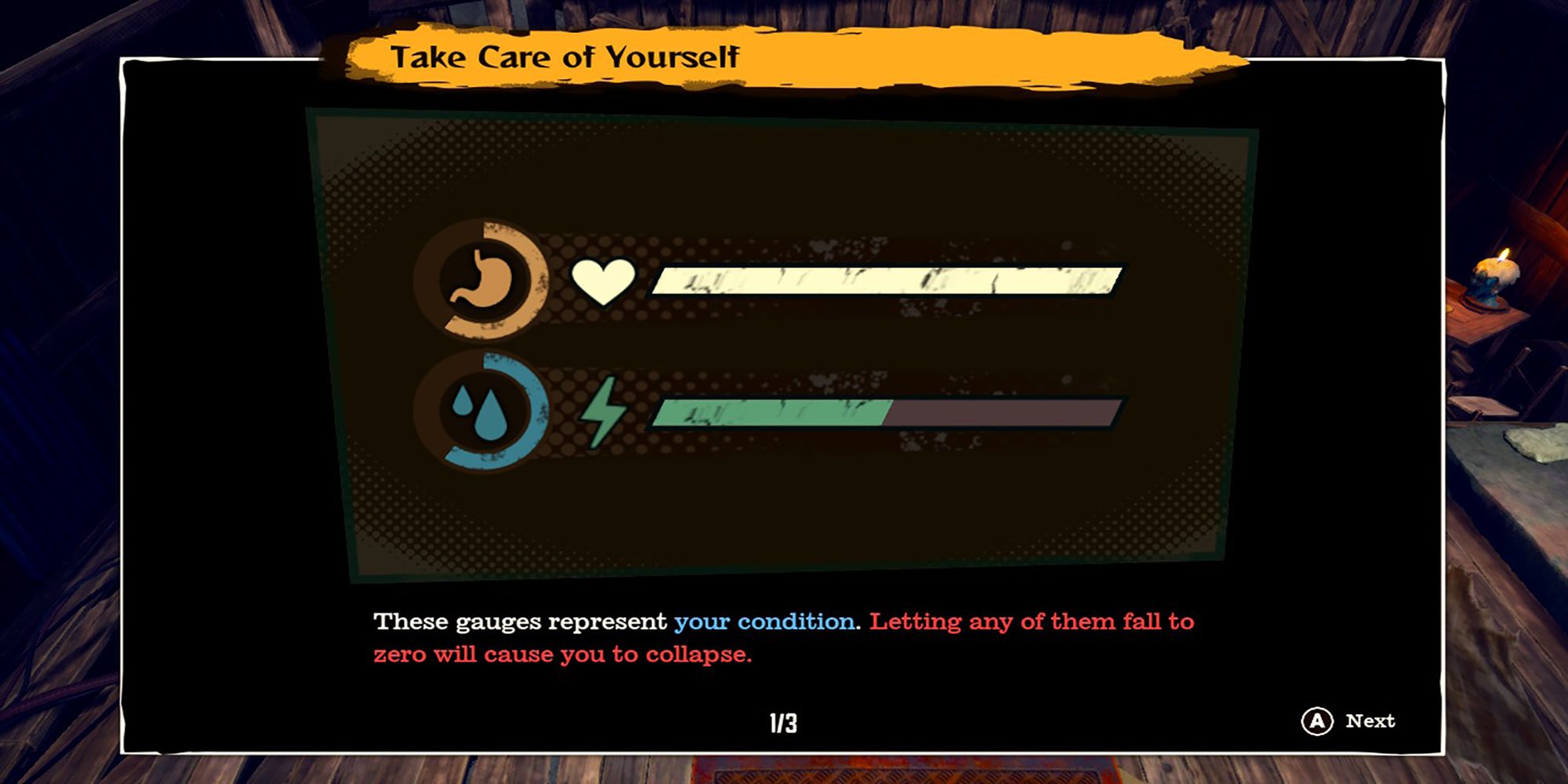 The energy and HP gauges in the "Take Care Of Yourself" Tutorial in Deadcraft.