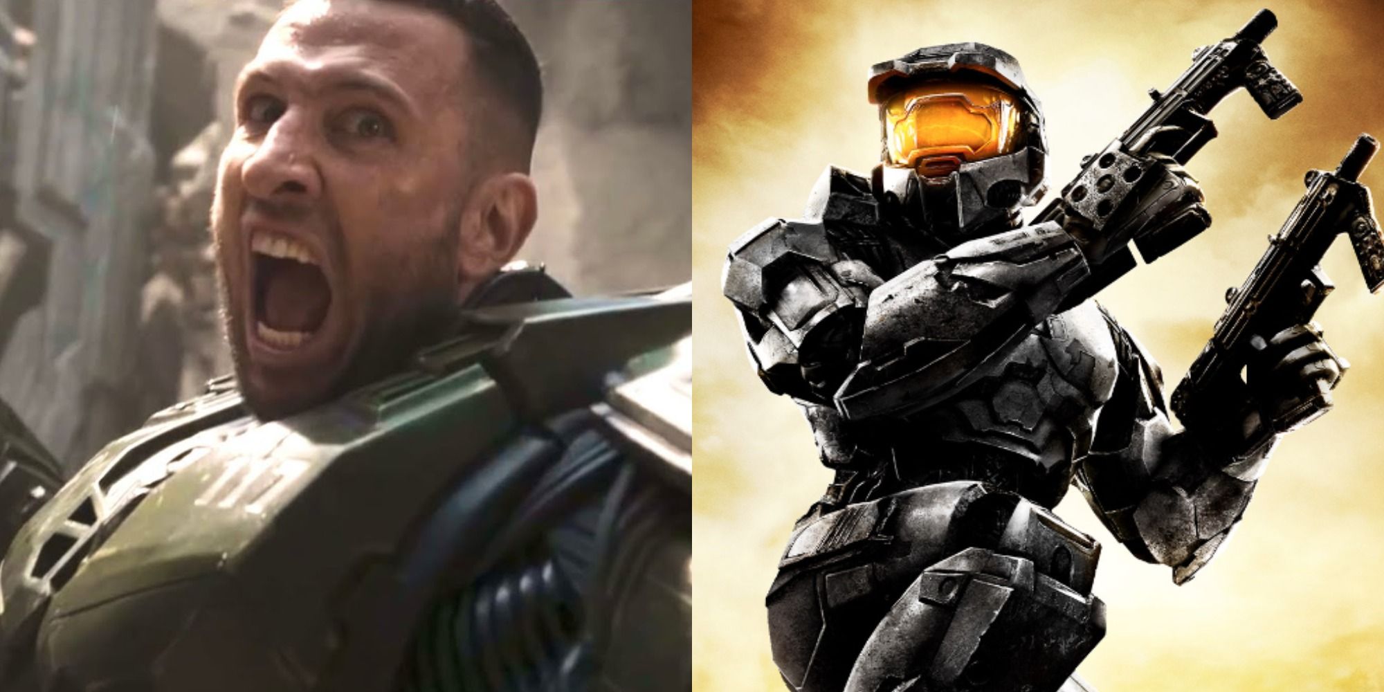 Split image of John from the Halo show and cover of Halo 2 Anniversary