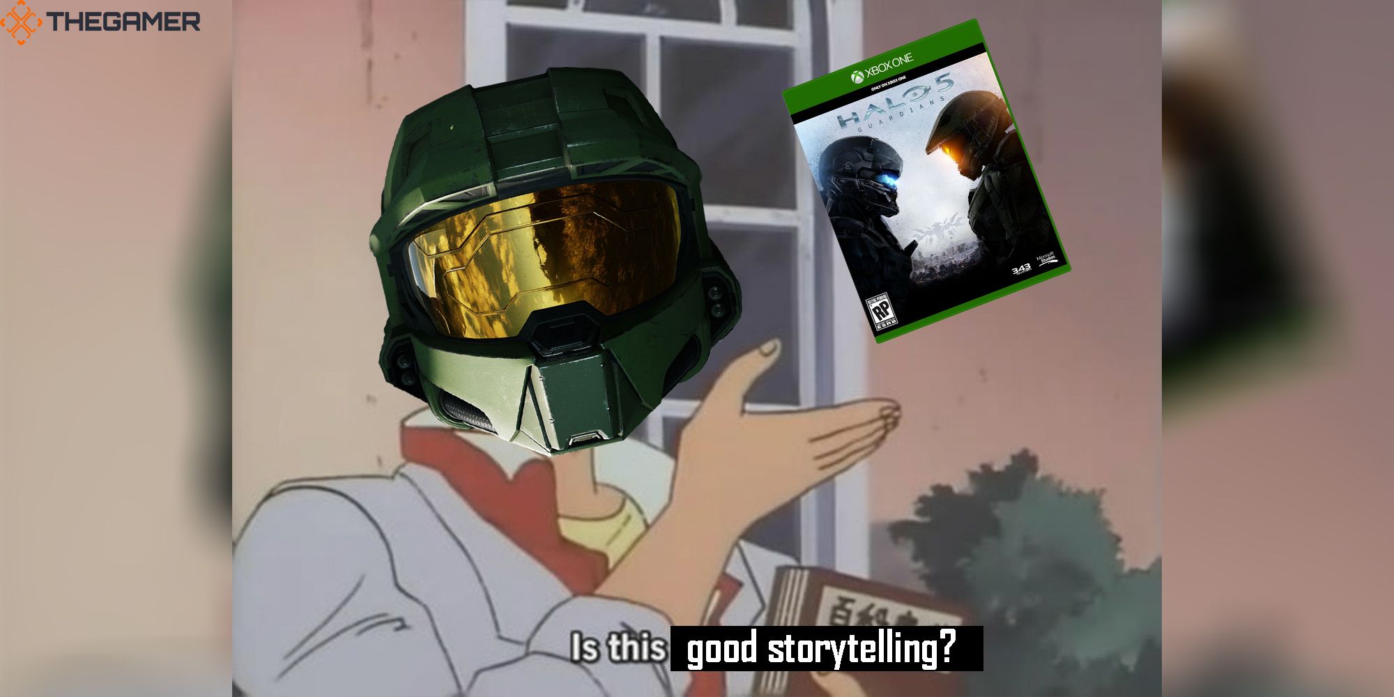 Master Chief sees a flying copy of Halo 5: Guardians and asks if it is good storytelling.