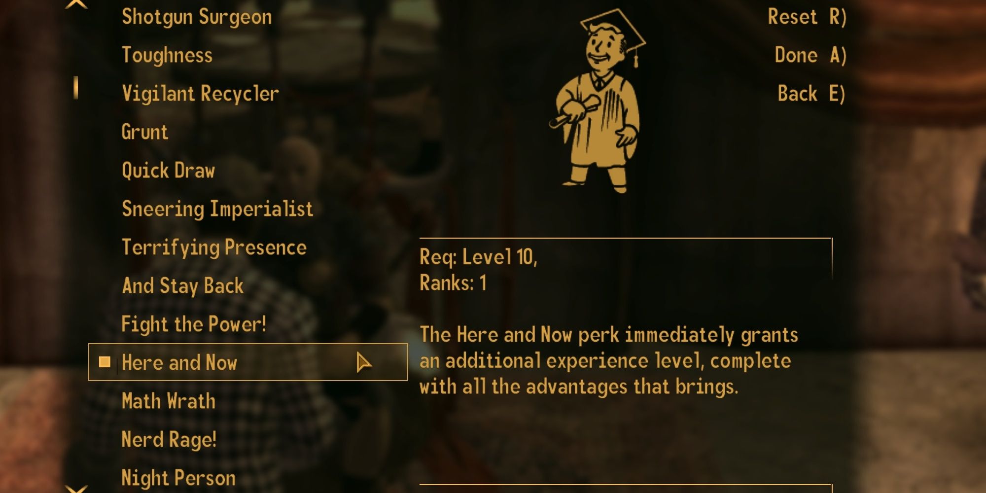Here and Now perk description from Fallout New Vegas