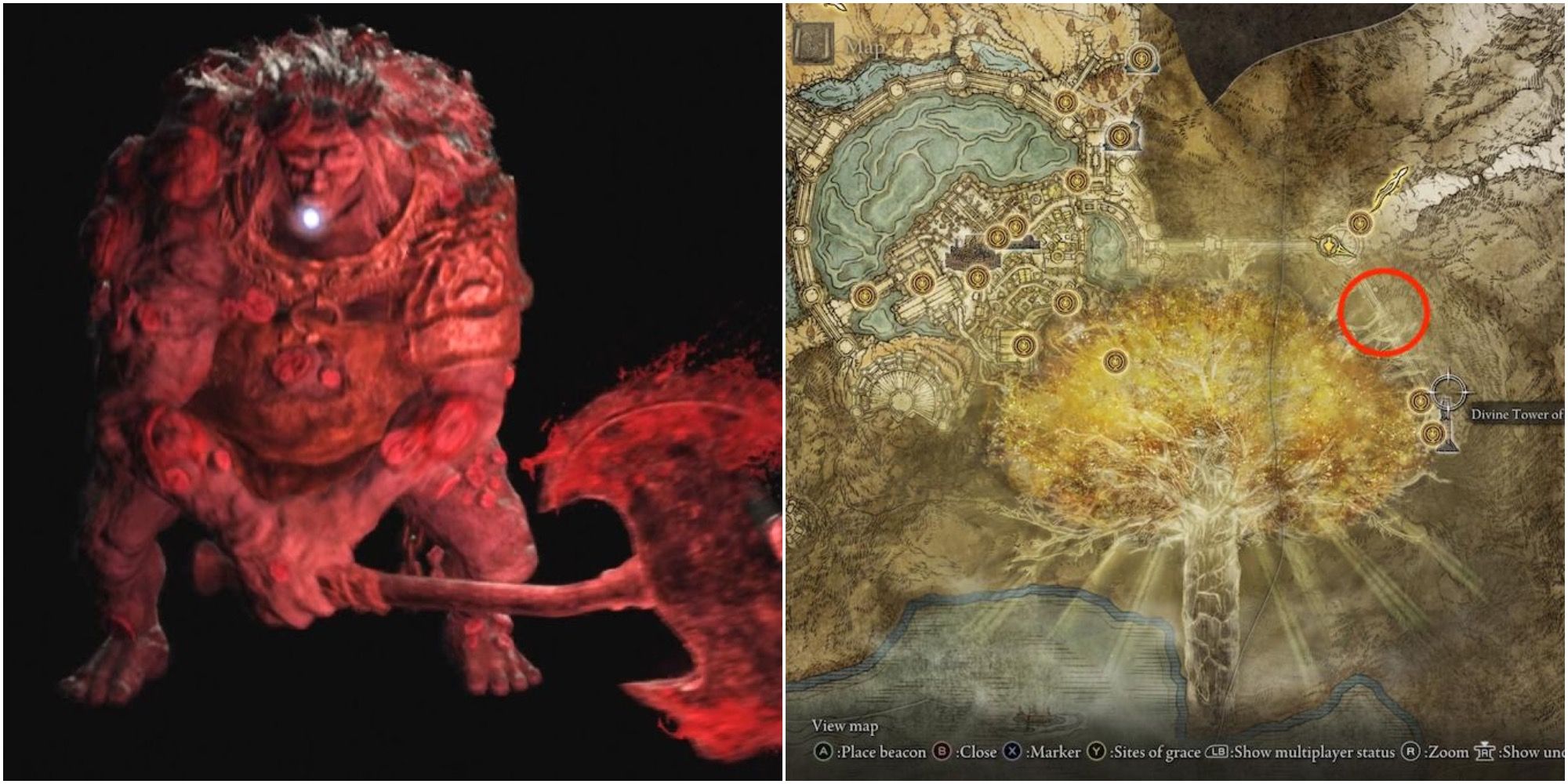 Picture of Fell Twin that wields an axe on the left, and picture of the map with the location circled on the right.
