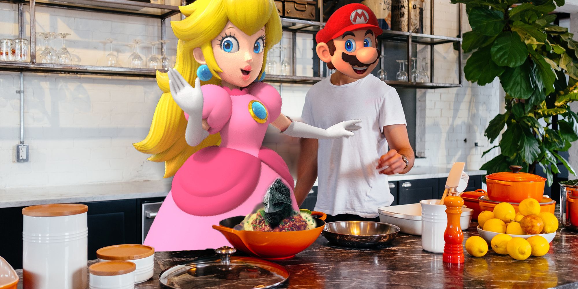 Peach and Mario cooking a Bolognase in a fancy kitchen