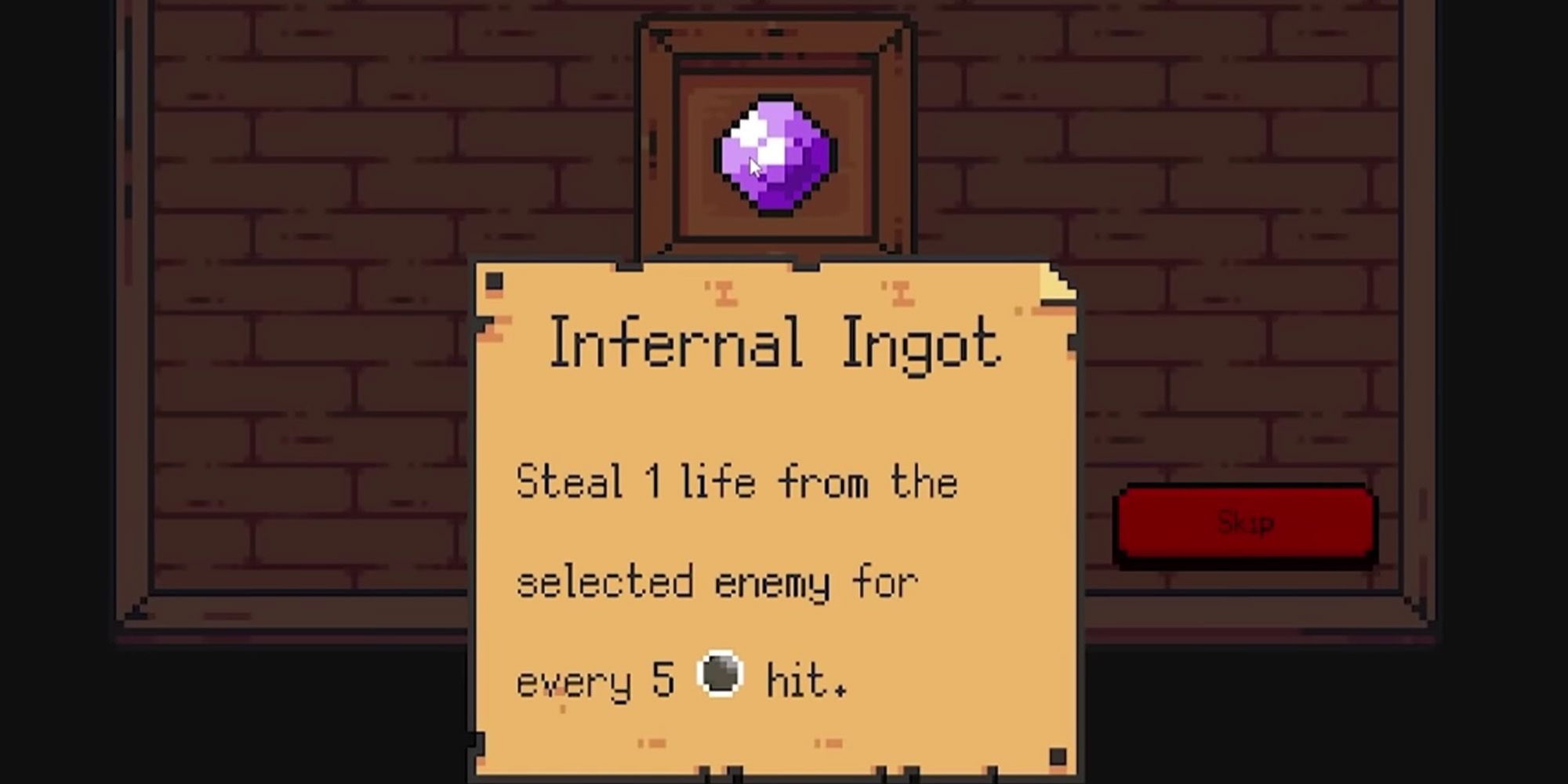 Peglin screenshot of the Infernal Ingot Relic, which looks like a purple four-sided gem