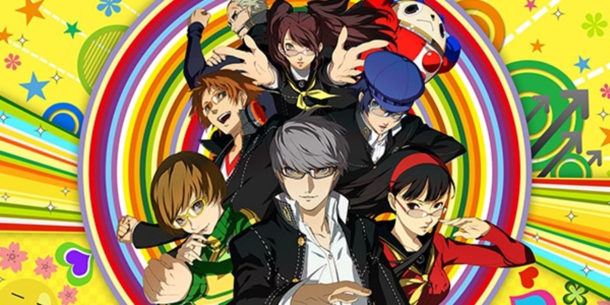 Yu, Chie, Yukiko, Yosuke, Naoto, Rise, Kanji, and Teddy don their special glasses as they delve into the Shadow World in Persona 4 Golden.