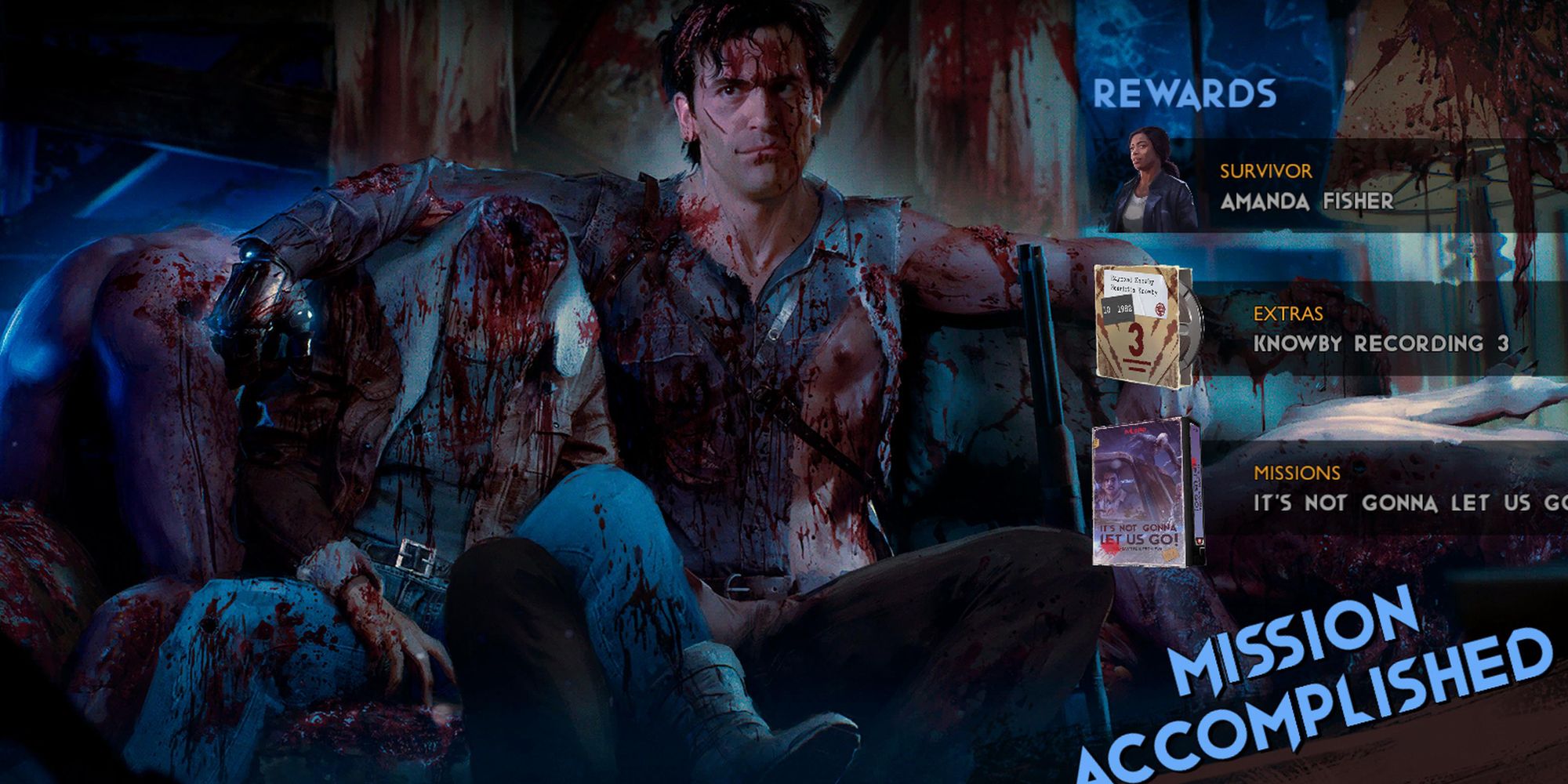 Evil Dead The Game, Ash bloodied on mission accomplished screen.