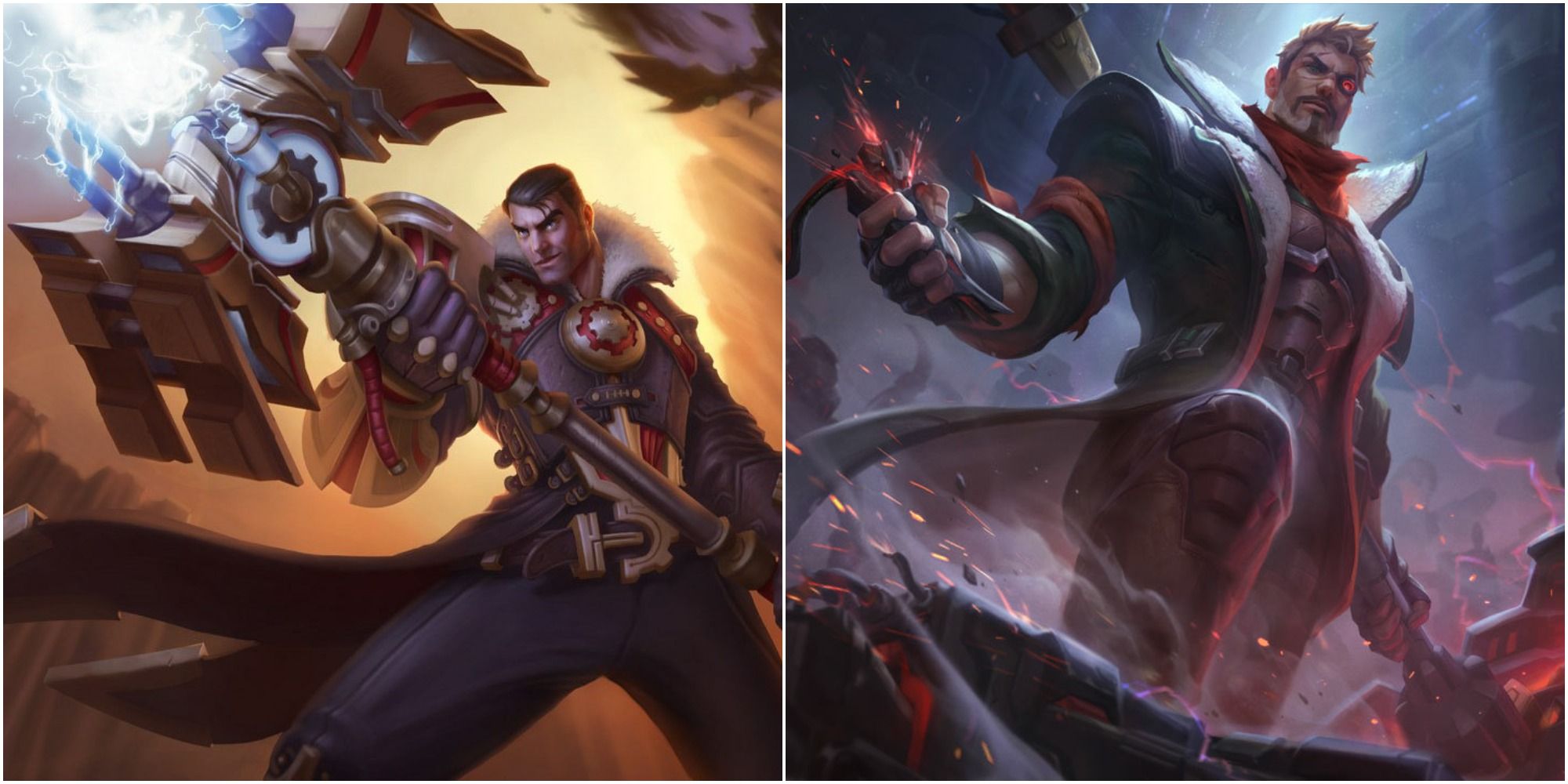 Jayce The Defender of Tomorrow in his base splash art holding his Hextech hammer proudly as well as his resistance skin