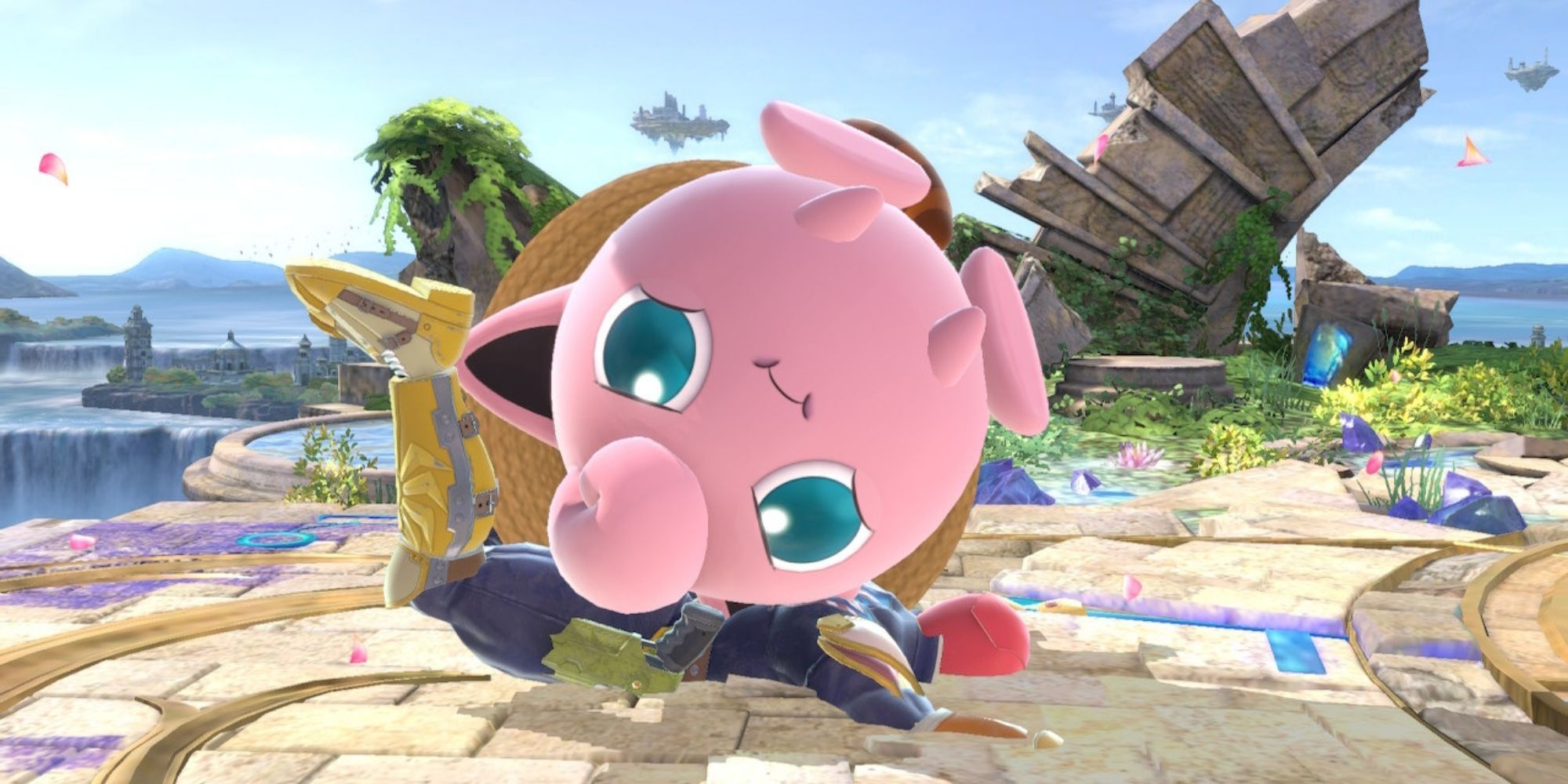 Jigglypuff rolls over Captain Falcon on the Battlefield stage