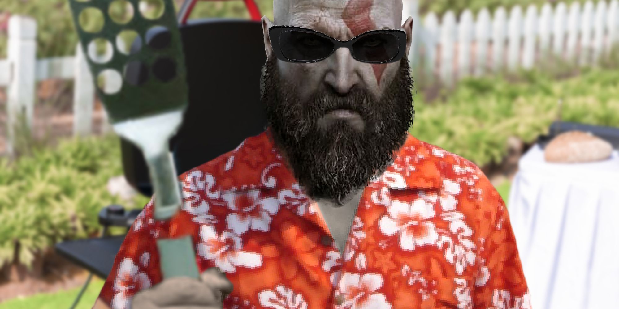 John Kratos in a nice hawaiin shirt in front of a bbq with sunglasses on