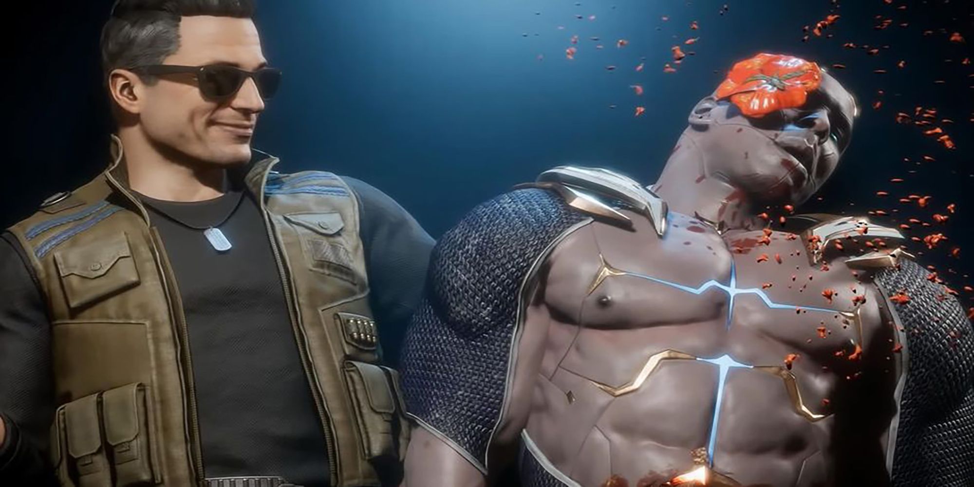 Johnny Cage plays with ventriloquist humor with Geras's corpse in Mortal Kombat 11