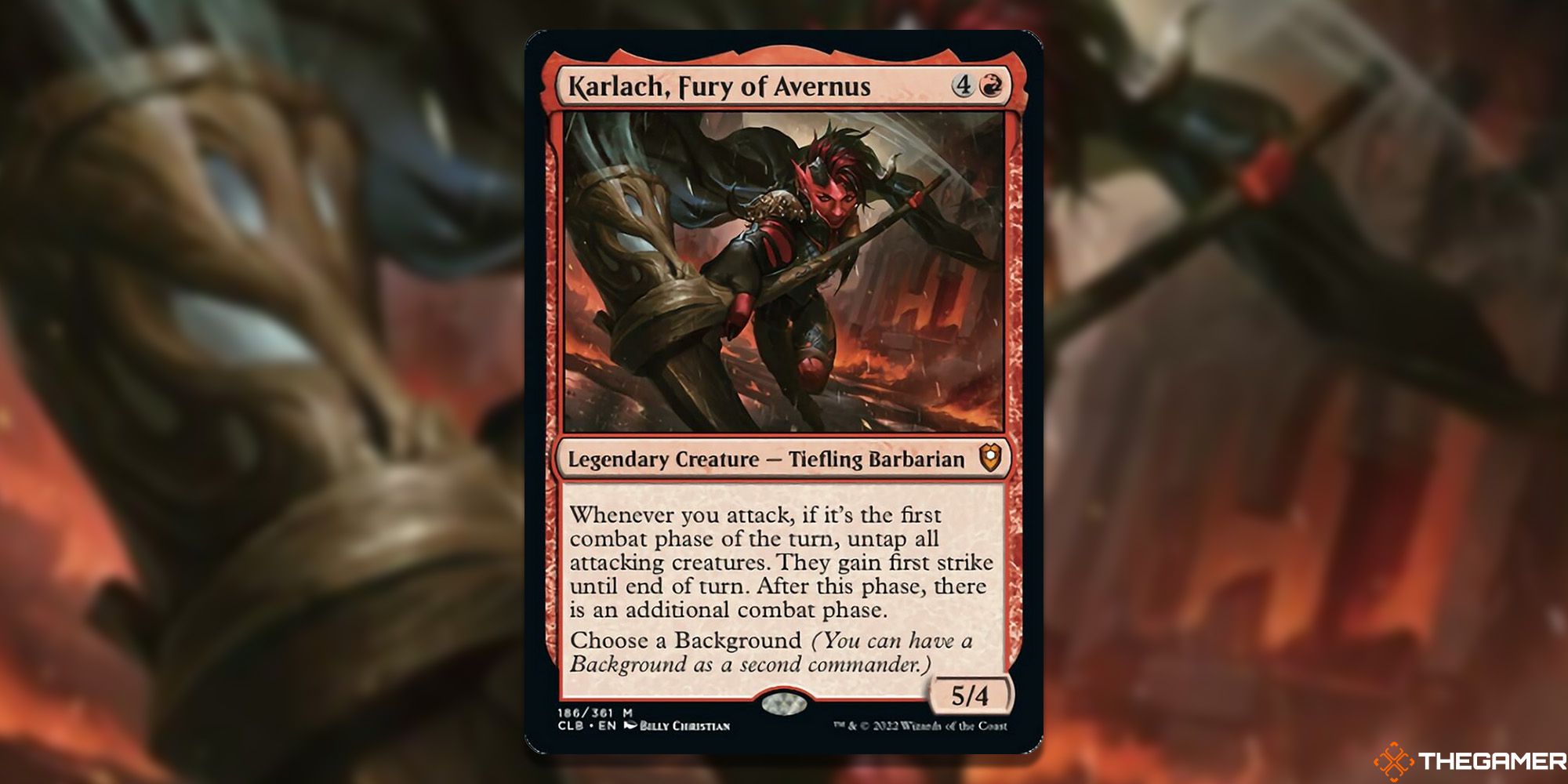 Karlach, Fury of Avernus Magic: The Gathering card overlaid over artwork.