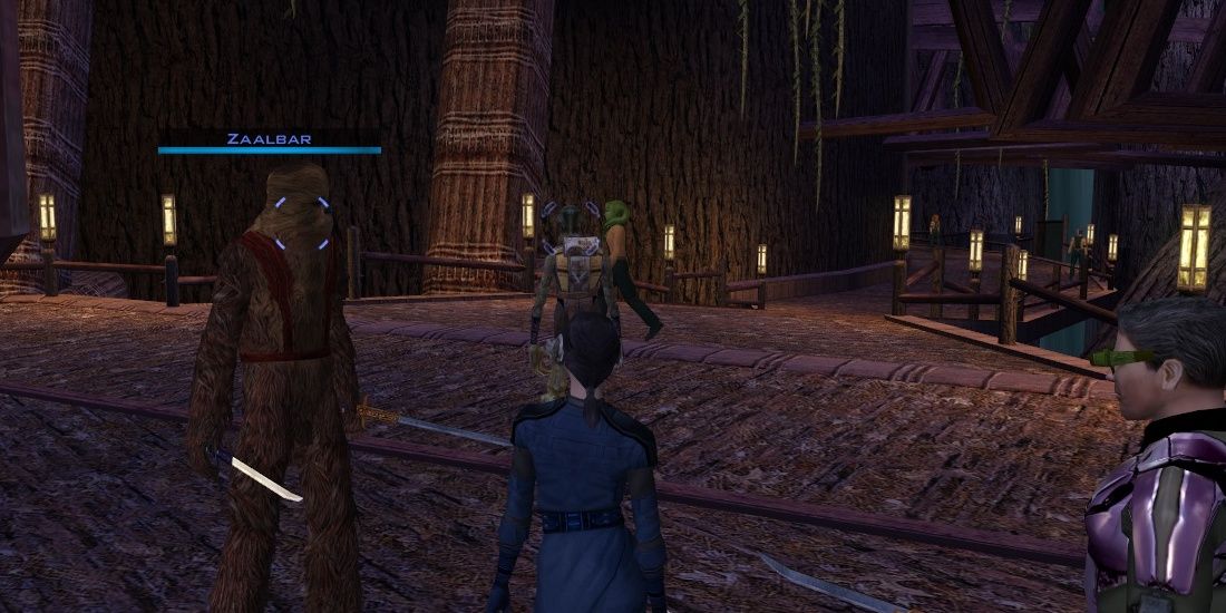 The Main character from Star Wars KOTOR and her party walk on Kashyyyk.