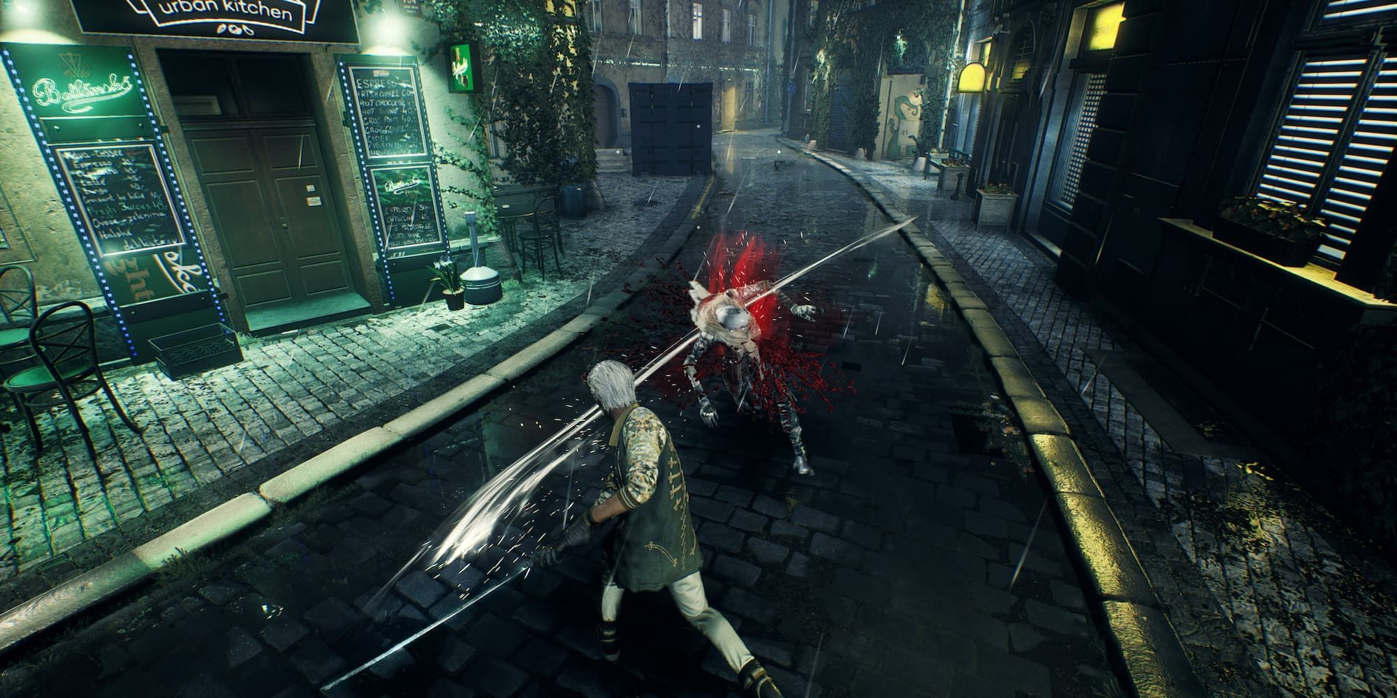 A vampire attacks an enemy with a katana