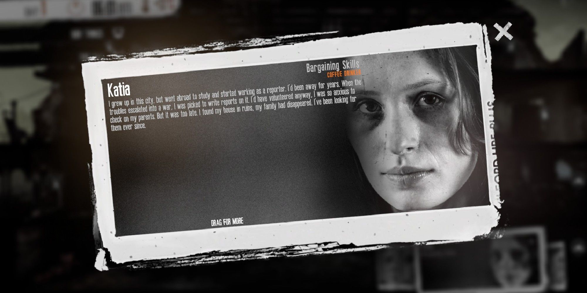 This War Of Mine Katia character bio screen where she looks at the camera black & white