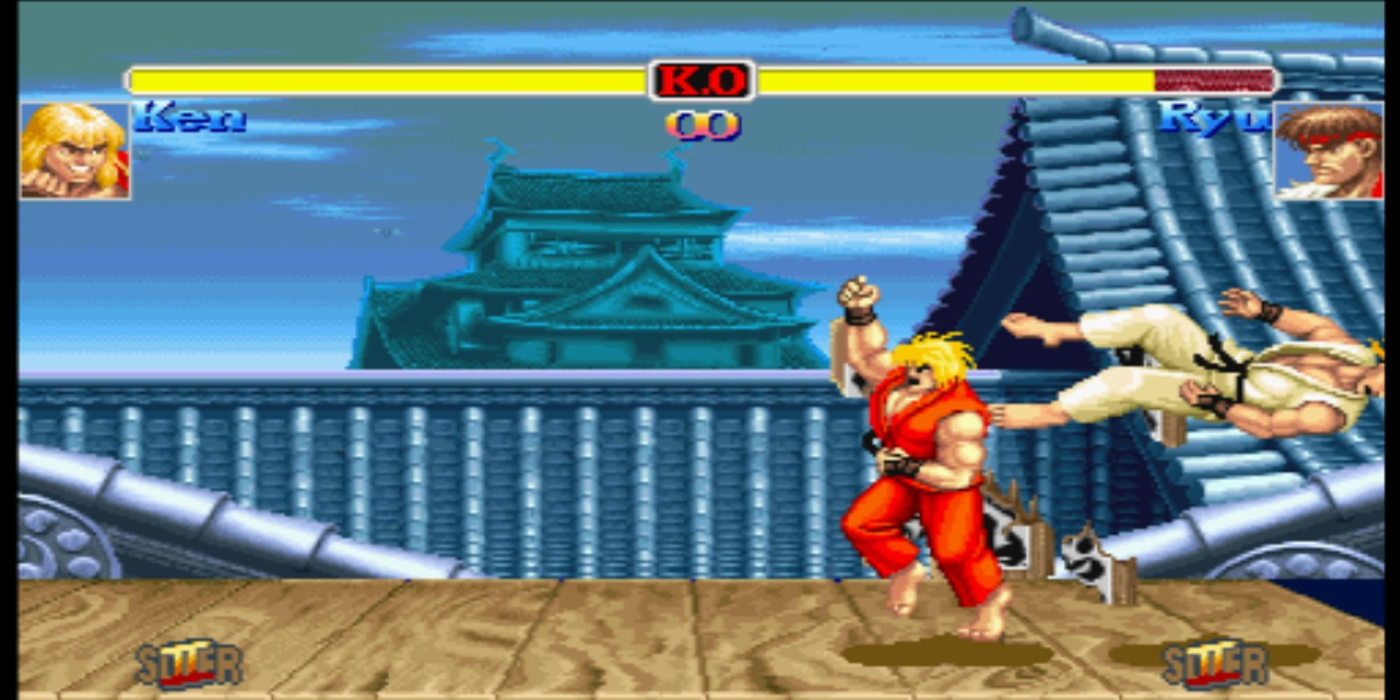 Super SF2 Ken hits Ryu with a Shoryuken at Suzaku Castle in Hyper Street Fighter 2.