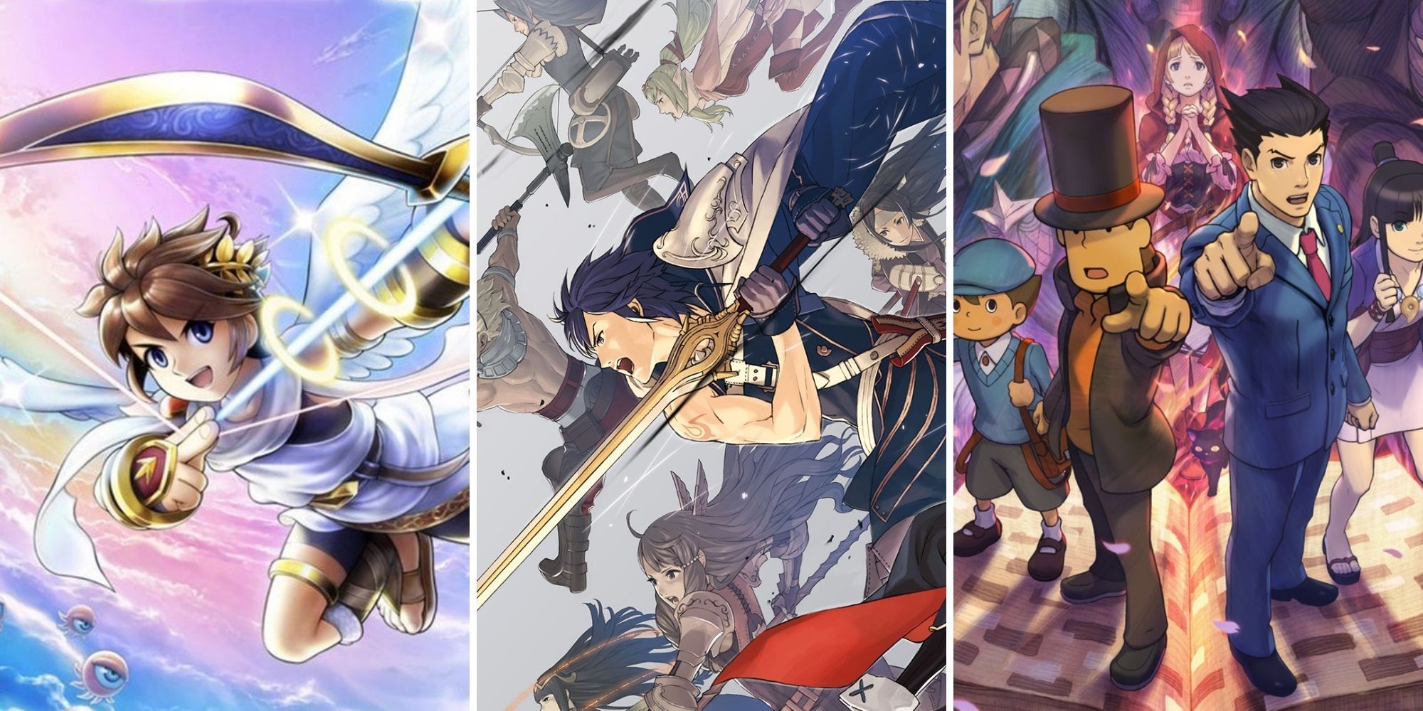Kid Icarus Pit soars through the sky Fire Emblem Chrom prepares to attack Professor Layton and Pheonix Wright point ahead