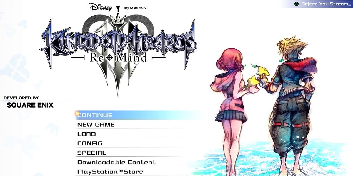 A screenshot of the Kingdom Hearts 3 RE:Mind title screen, showing Kairi and Sora.