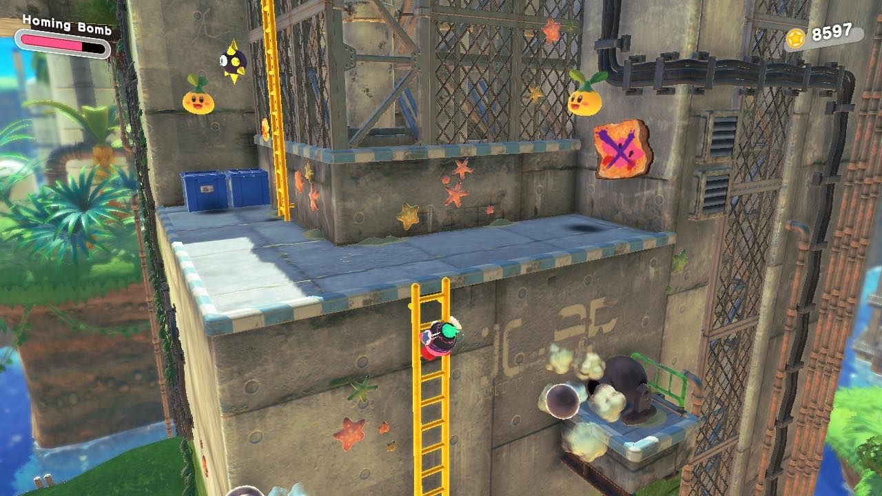 Kirby Climbing A Ladder To Reach A Platform With A Wanted Poster