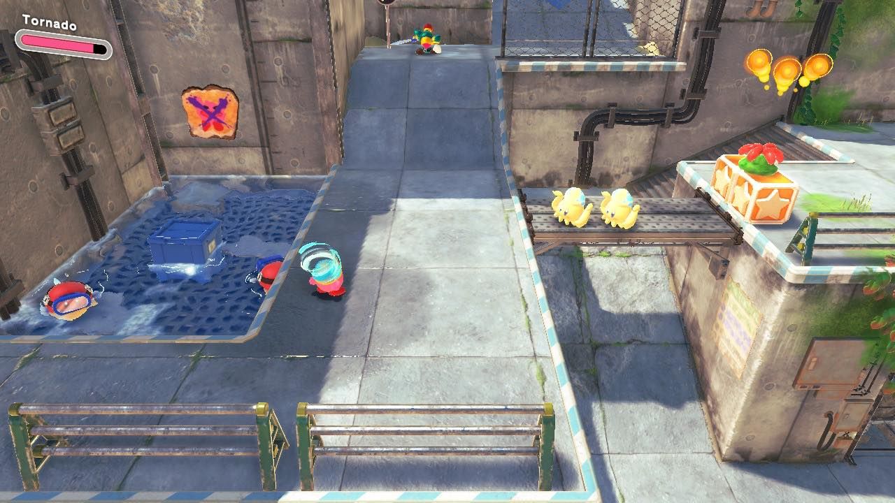 Kirby Standing On A Concrete Walkway With A Pool Of Water And A Wanted Poster To The Left