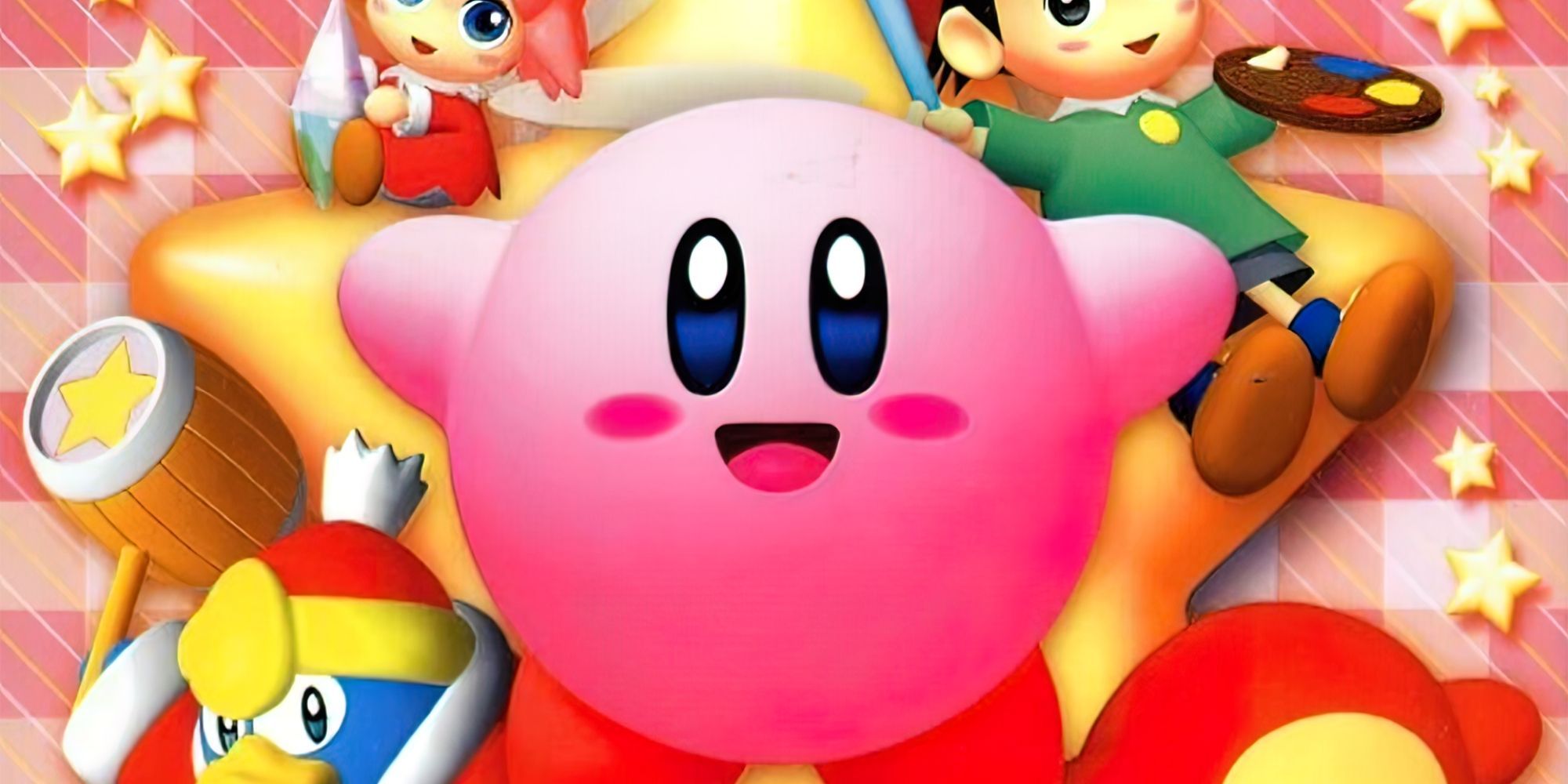 Kirby, King Dedede, Ribbon, and Adeleine pose in front of star