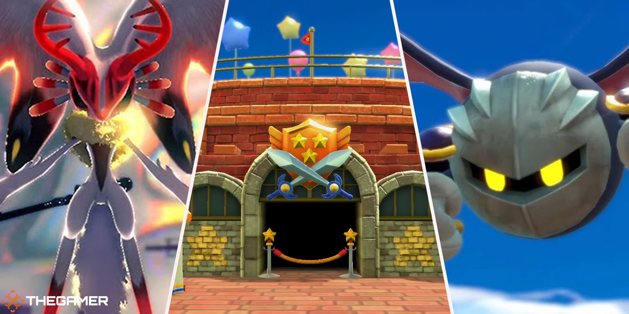 Kirby and the Forgotten Land - Meta Knight (right), Chaos Elfilis (left), Colosseum (centre)