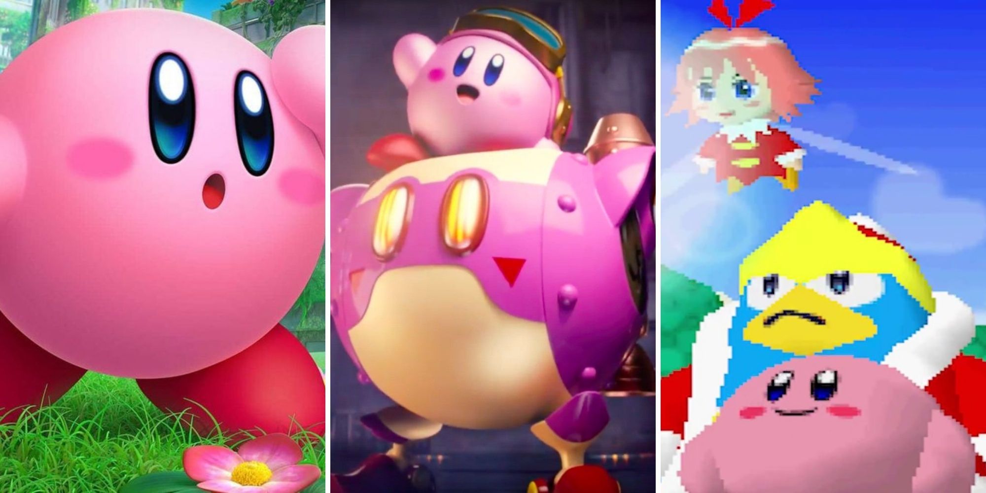Kirby and the Forgotten Land Kirby Looks Ahead, Kirby Planet Robobot Kirbys Hops Into Mech-Suit, Kirby 64 Kirby Stands With DeDeDe and Ribbon