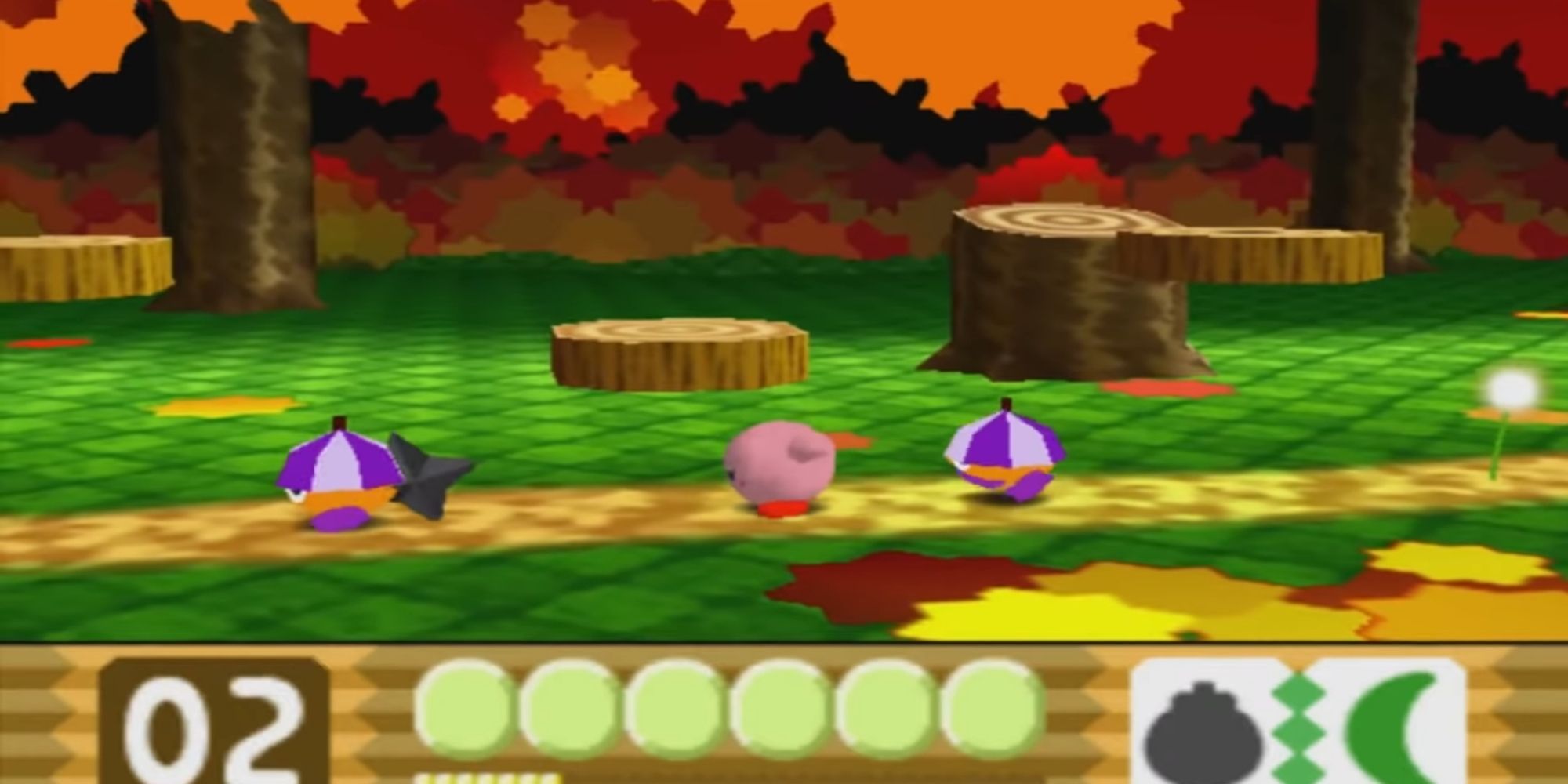Kirby throws Shuriken Bomb at Bumber's back in the forest