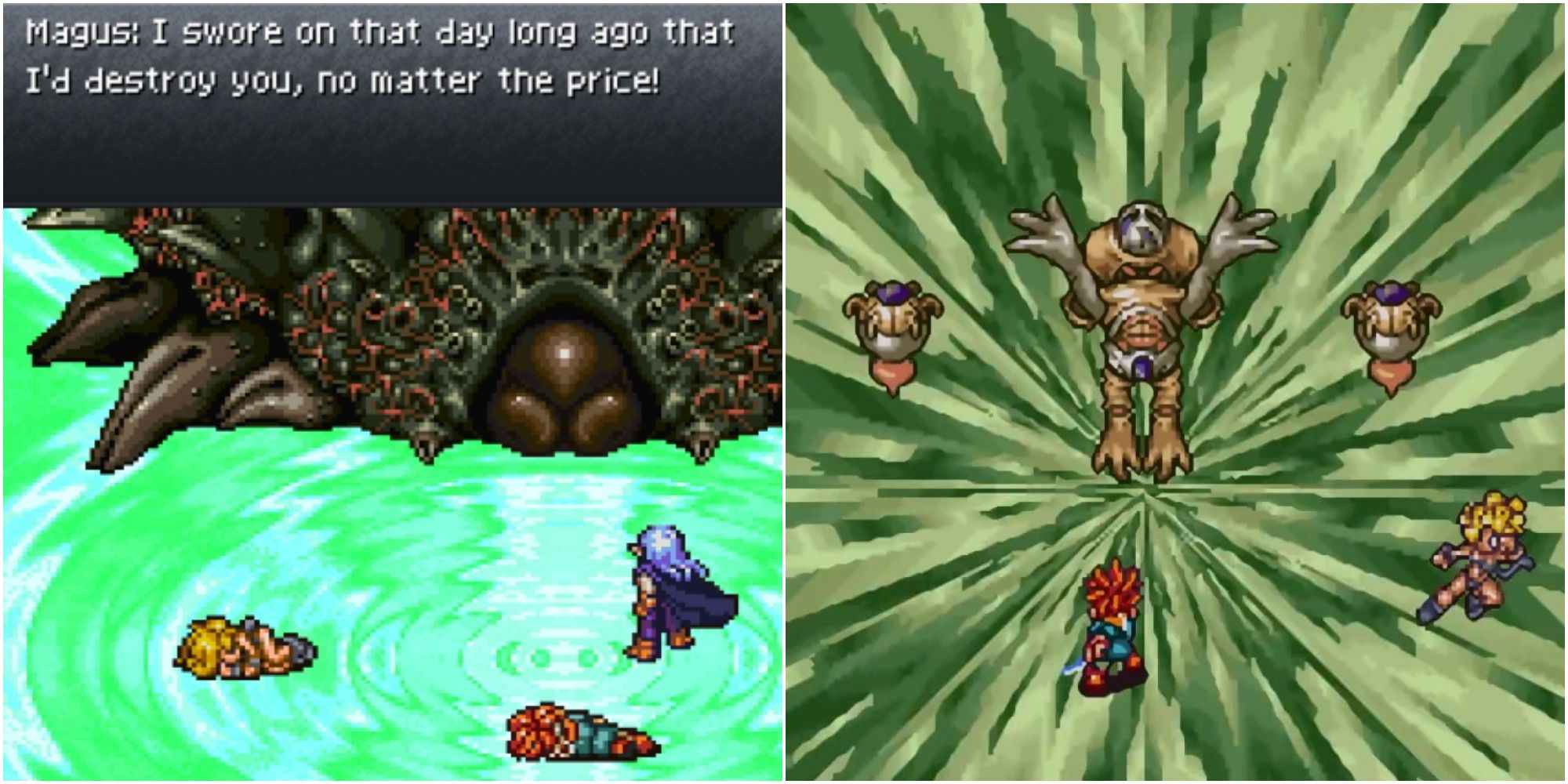 Split image screenshots of Magus speaking to Lavos and Lavos’ final form.
