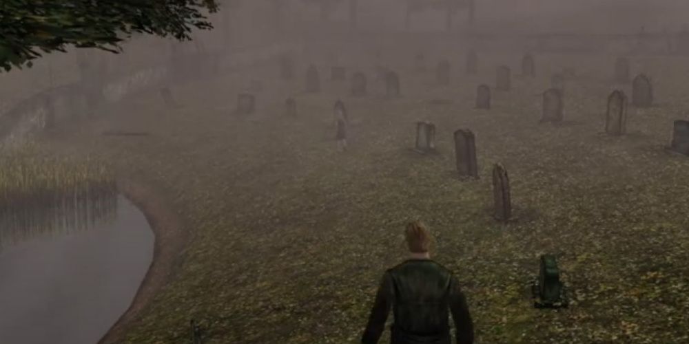 A screenshot of James leaving Silent Hill through the graveyard.