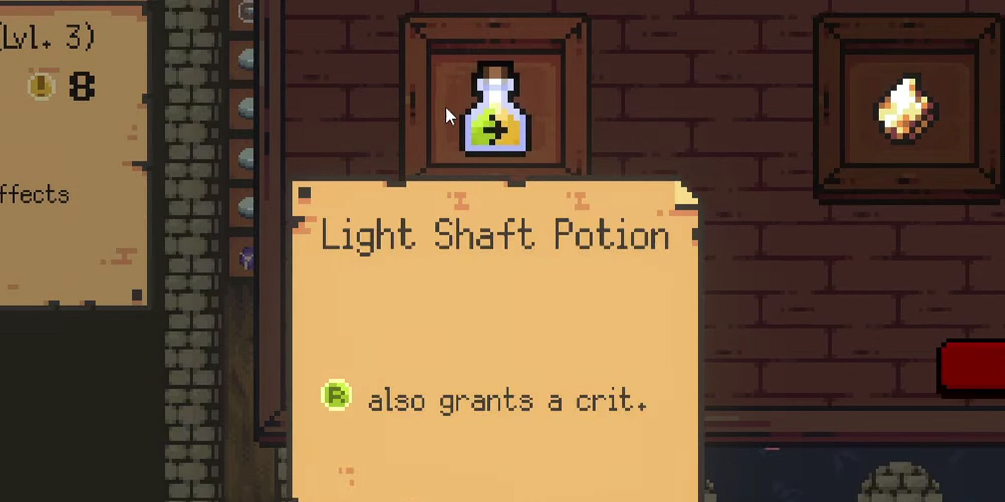 Peglin screenshot of the Light Shaft Potion Relic, which looks like a glass vial with a green and yellow liquid and a right-facing arrow on the inside