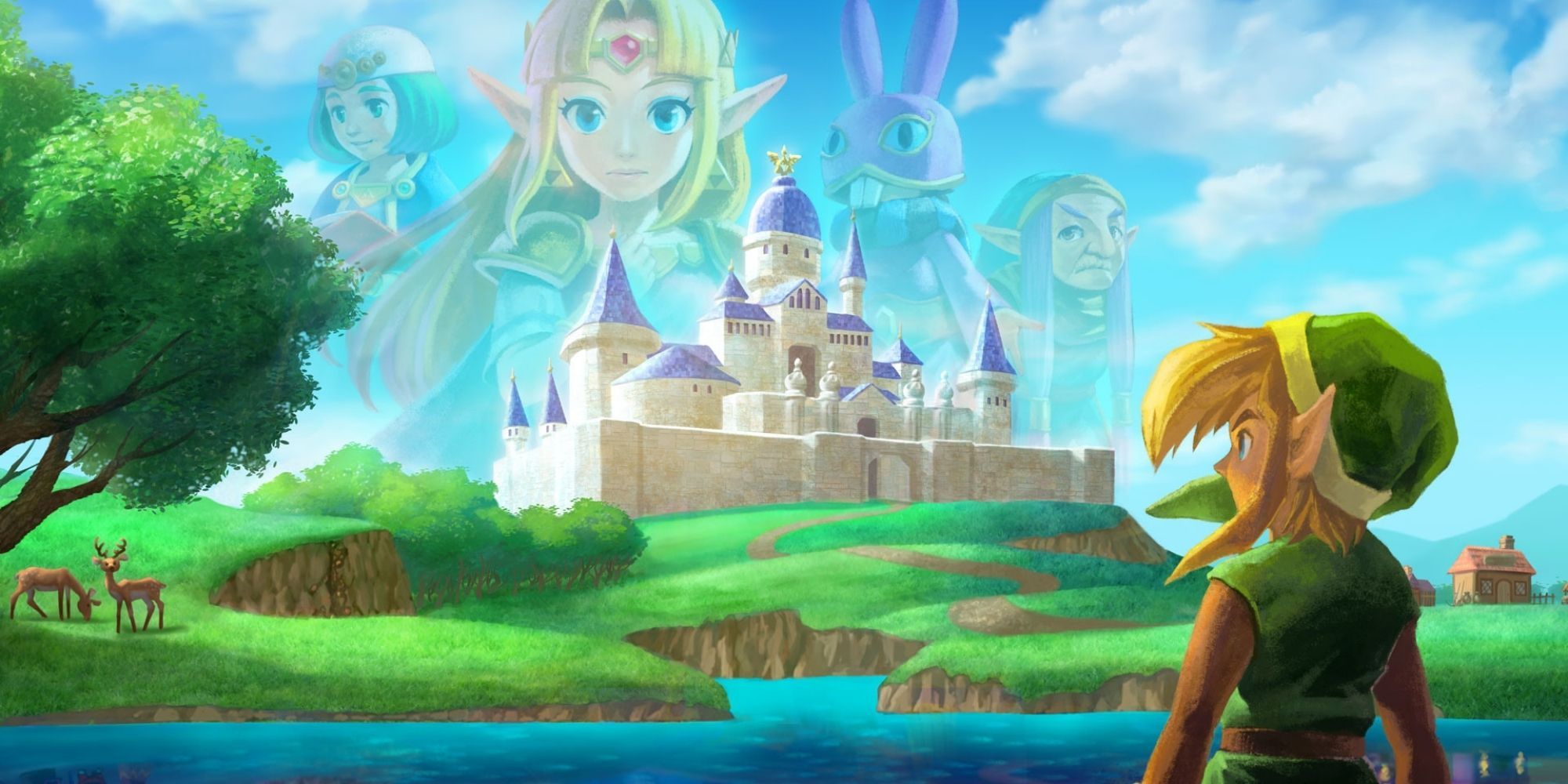 Link looks towards Hyrule Castle as Zelda, Ravio, Seres, and Impa hover over it