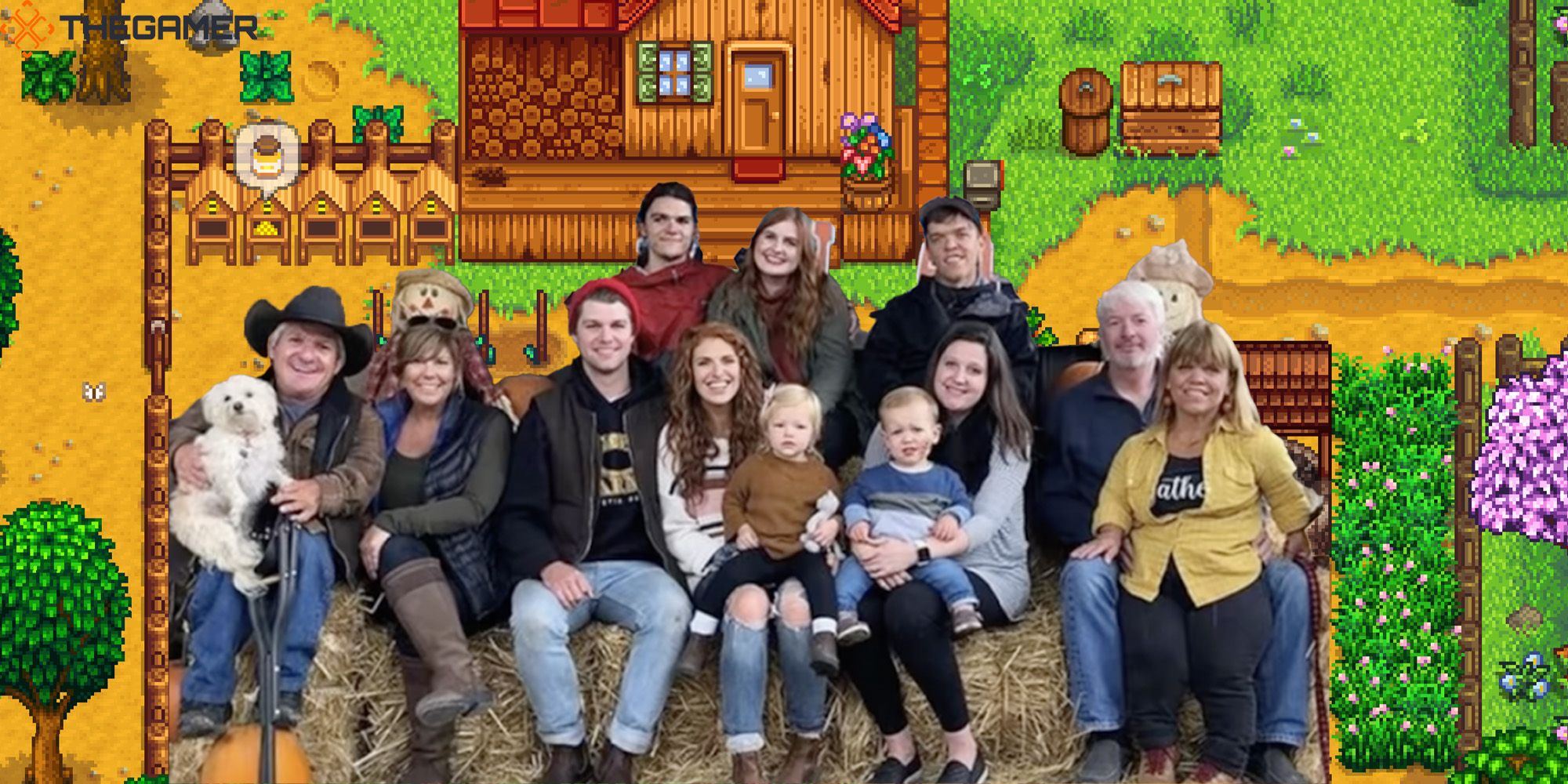 The Roloff family sits on bales of hay in front of a pixelated farm.
